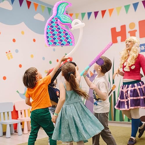Miniatura 4 de Piñata de sirena para decoraciones de fiesta de cumpleaños, juegos de fiesta de sirena con los ojos vendados y murciélagos, suministros de fiesta de