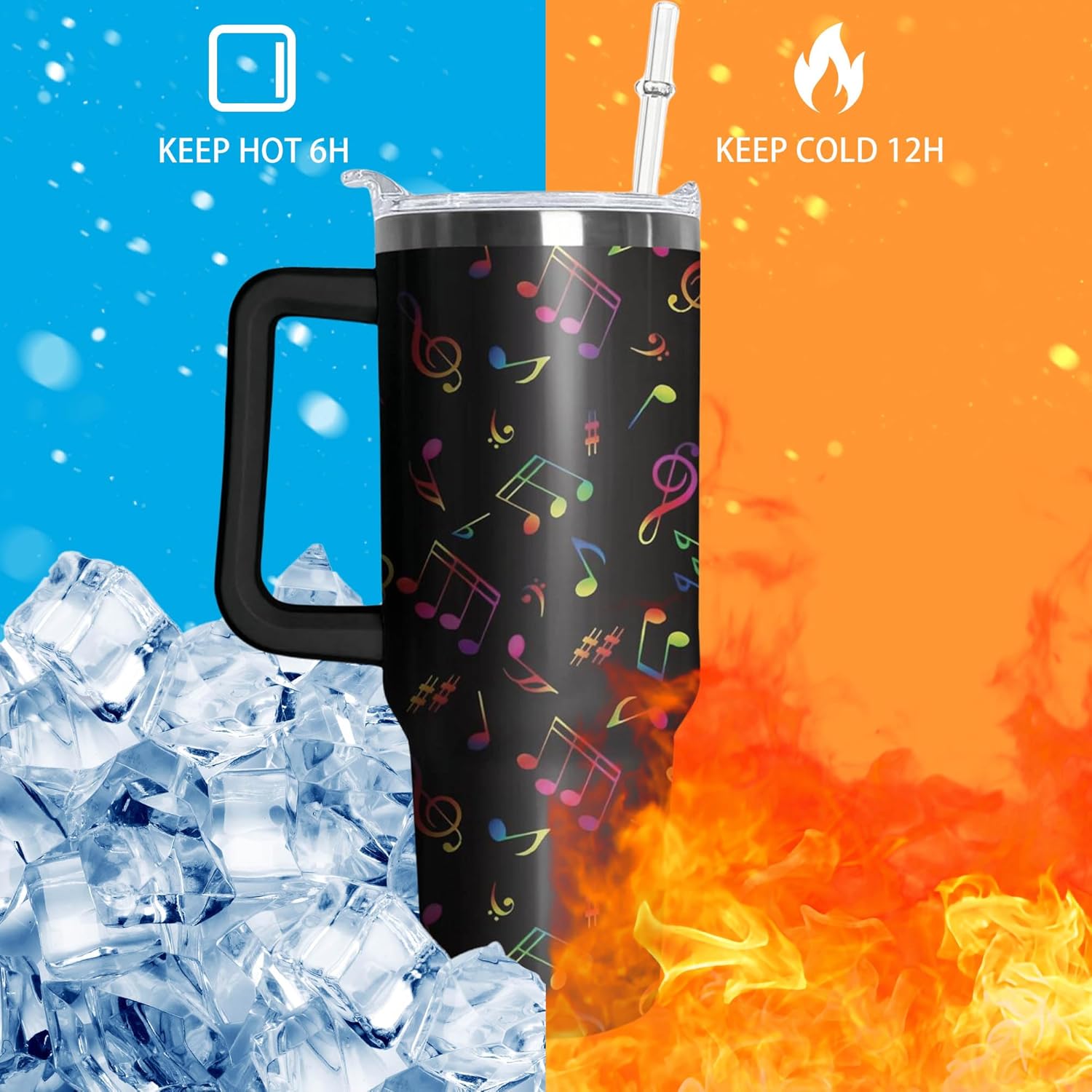 40oz Music Teacher Gifts Tumbler with Handle and Straw, Musical Note Insulated Stainless Steel Cup, Travel Coffee Mug Water Bottle, Appreciation Birthday Gifts for Women Men - Image 3