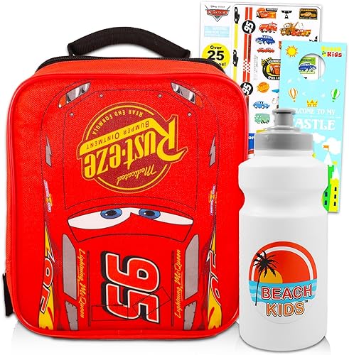 Lonchera de Disney Cars para niños, paquete con bolsa de almuerzo con aislamiento premium Lightning McQueen más tatuajes, botella de agua para niños