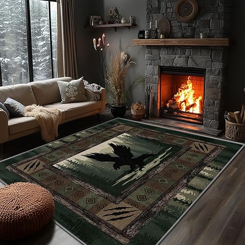 Eagle Rugs Living Room - Wildlife Rug 7x10, Rustic Cabin Green Area Rugs, Forest Wild Animal Lodge Carpet, Washable & Non Slip & Soft Large Carpets House Decor