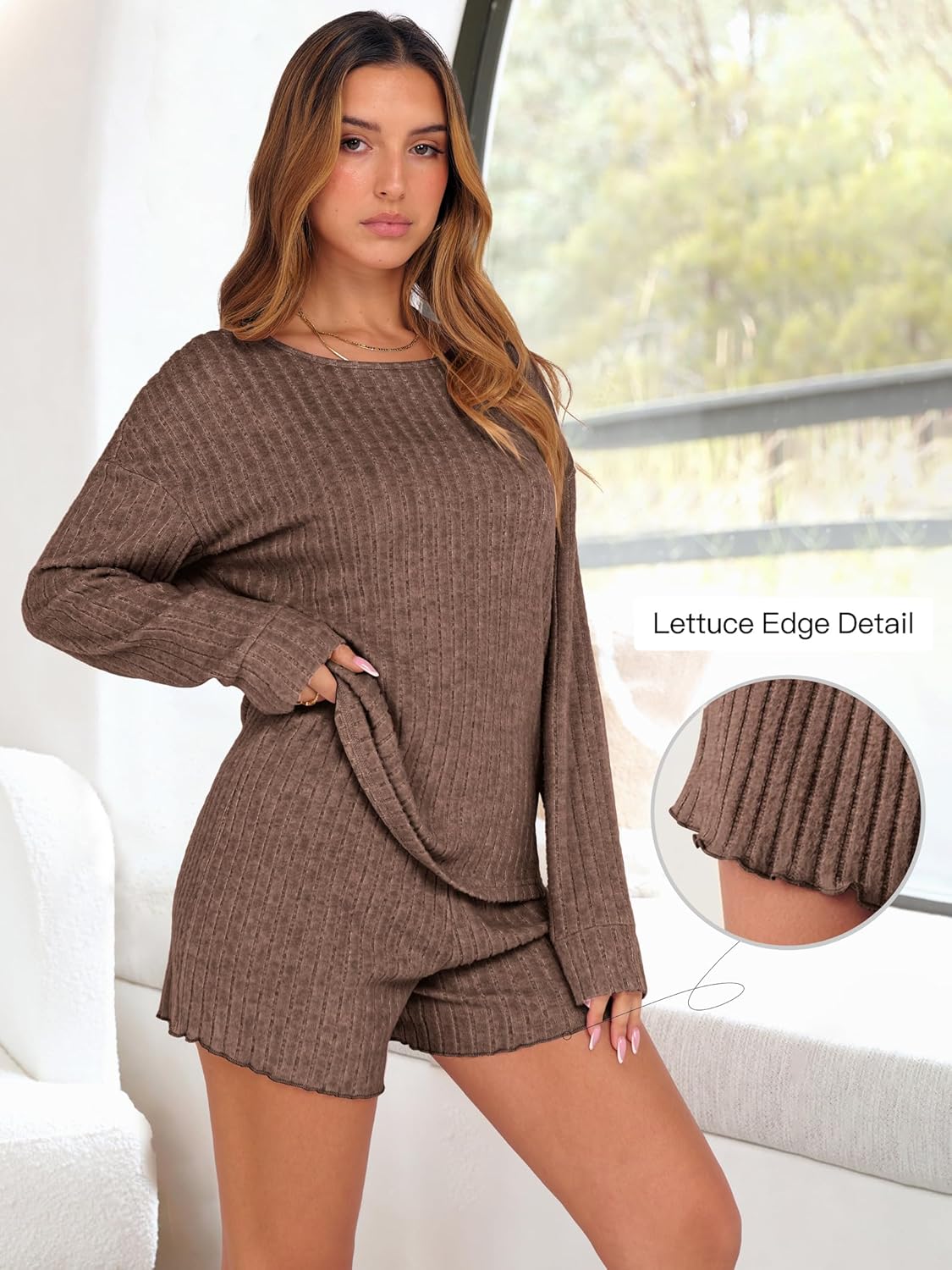 ANRABESS Women's 2 Piece Lounge Pajama Sets Casual Ribbed Long Sleeve Top Matching Shorts Sleepwear PJ Set 2025 Fall Outfits - Image 3