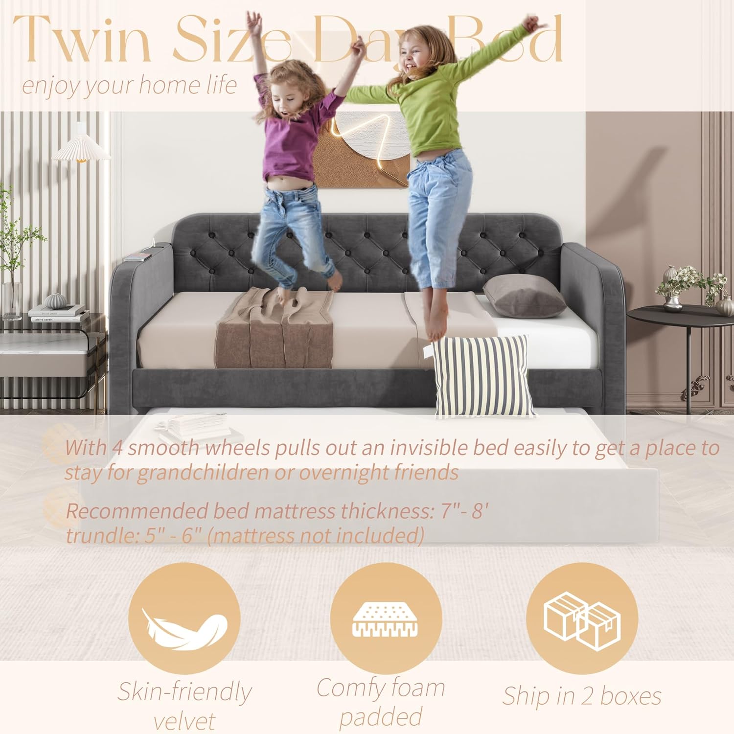 Daybed with Trundle, Twin Size Upholstered Velvet Day Bed Pull-Point Sofa Daybed Frame w/Roll-Out Trundle and USB Port, No Box Spring Needed, Furniture for Living Room (Dark Grey, Twin)