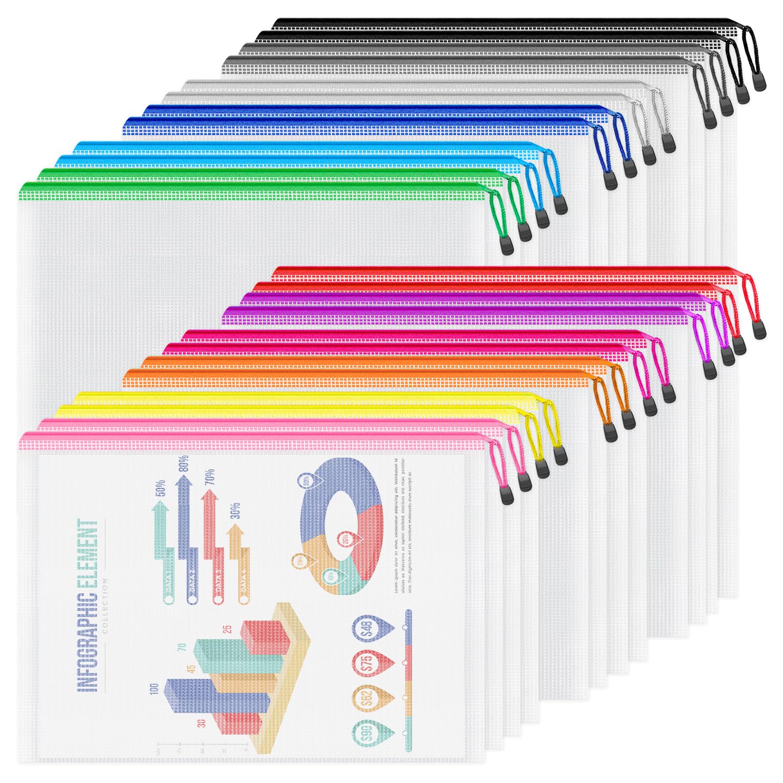 Smarpau Astuccio per matite con cerniera (24 pezzi). Sacchetti in plastica con cerniera per cosmetici, organizzazione di banconote, viaggi, scuola e ufficio (A4-33,8 x 23,9 cm, multicolore)