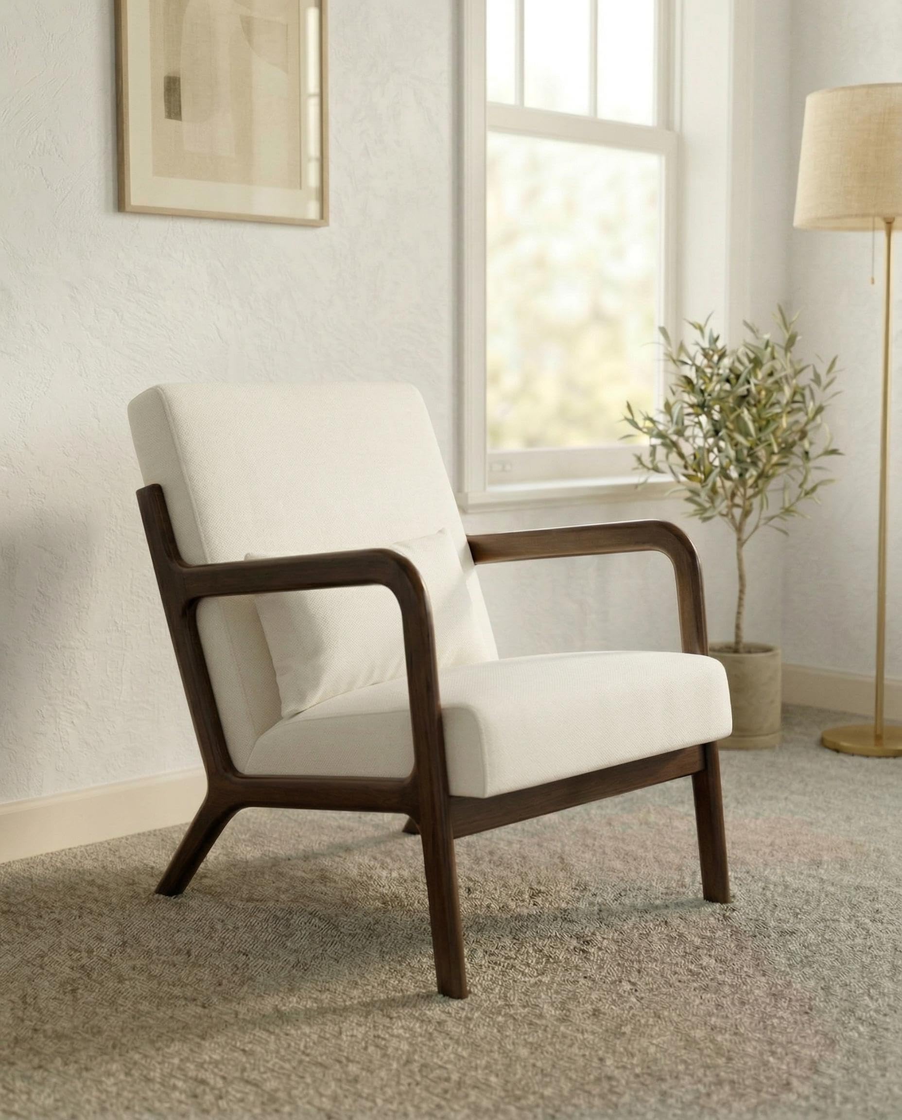 Garvee Mid-Century Chenille Accent Chair, Cozy Reading Chair, Modern Lounge Armchair with Lumbar Pillow, Solid Wood Frame, for Living Room, Bedroom,