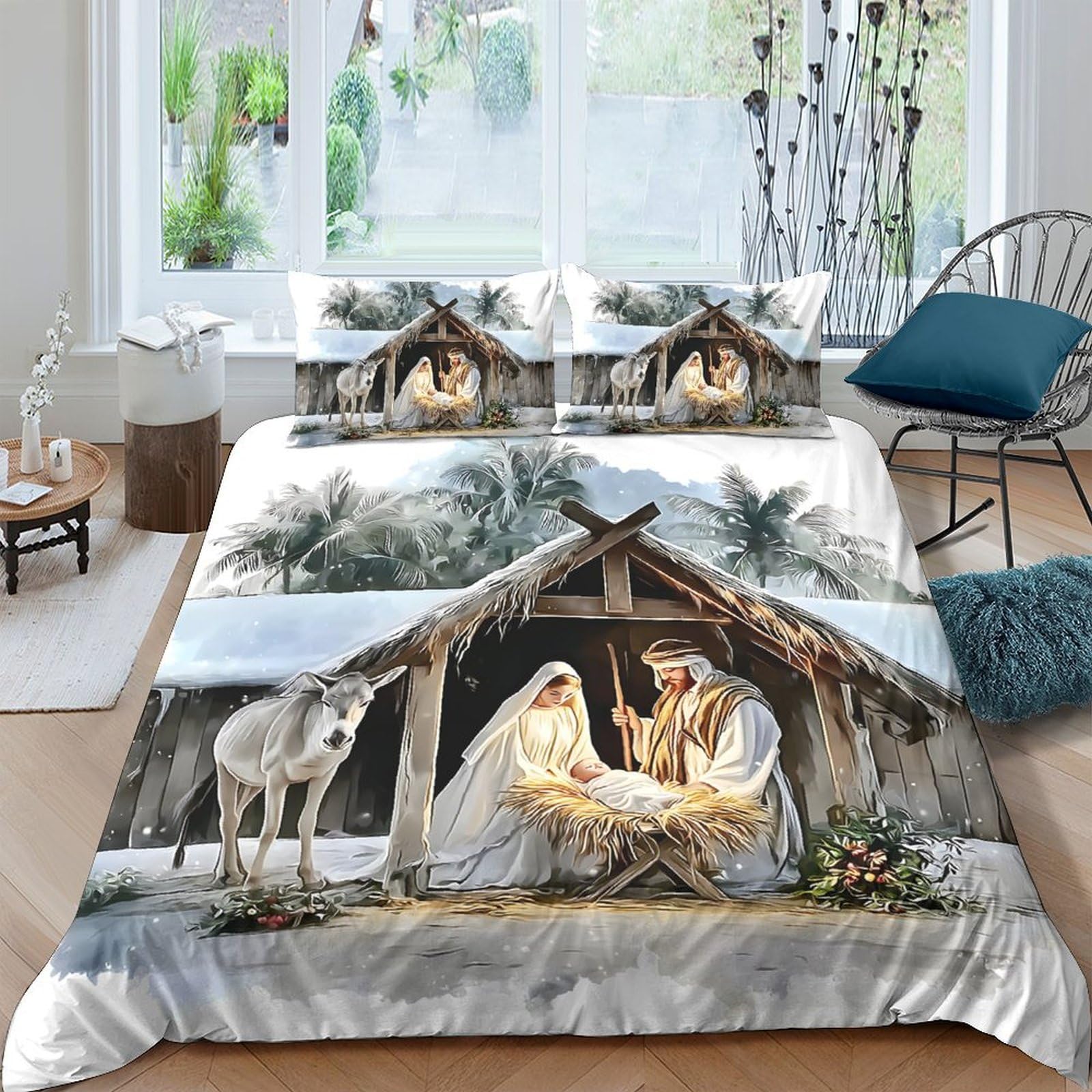 Ctjqhvkz Style-4 3D Printed Nativity Scene Fitted Sheet Microfiber Soft Stable Christmas Bed Cover For Bedroom Guest Room Decor Protection Single（135X200cm）