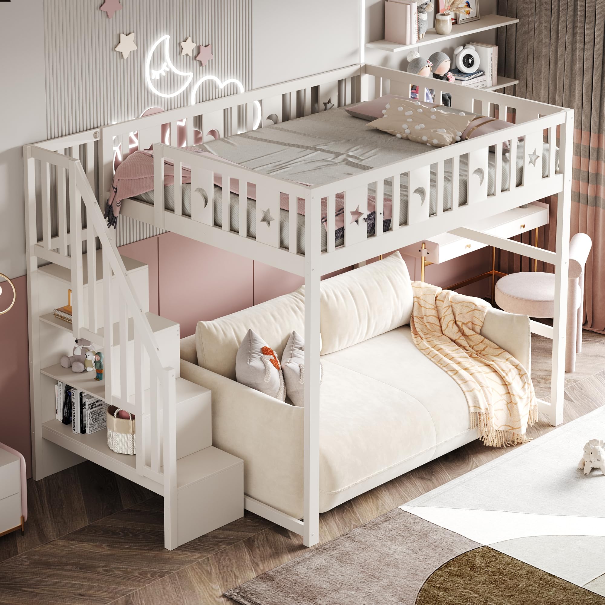 Etagenbett 140x200 cm, Kinderbett mit Treppe | Ohne Matratze, Holzbett mit Stern- und Monddekoration, Bett für Kinder Jugendliche Massivholz Weiß