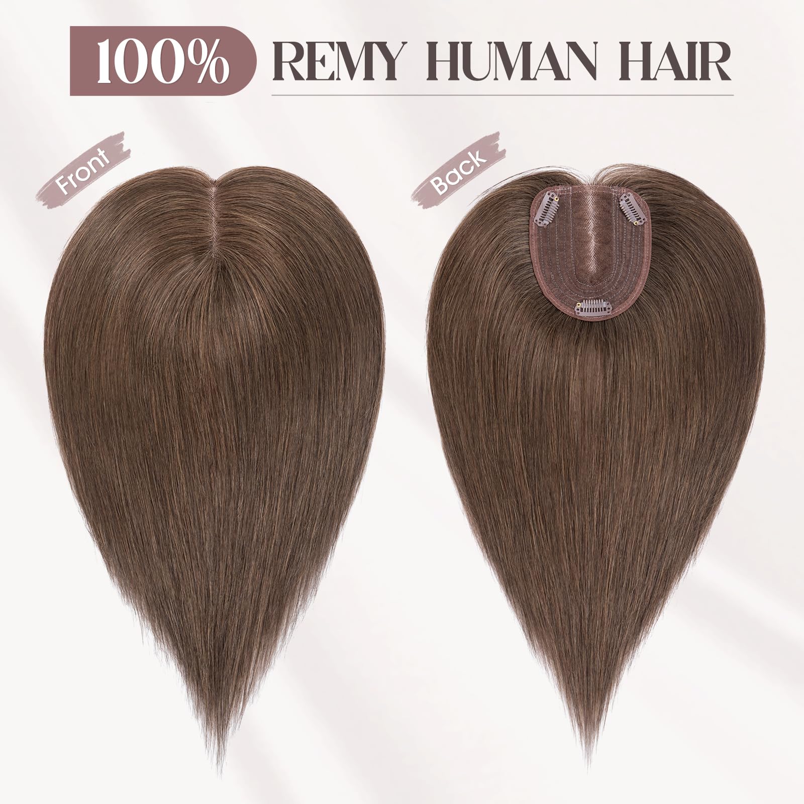 12 Inch Human Hair Topper, Remy Hair, No Bangs, Lace Base, 3 Clips 12 Inch Human Hair Toppers for Women Straight No Bangs 4.6x4  main image 2