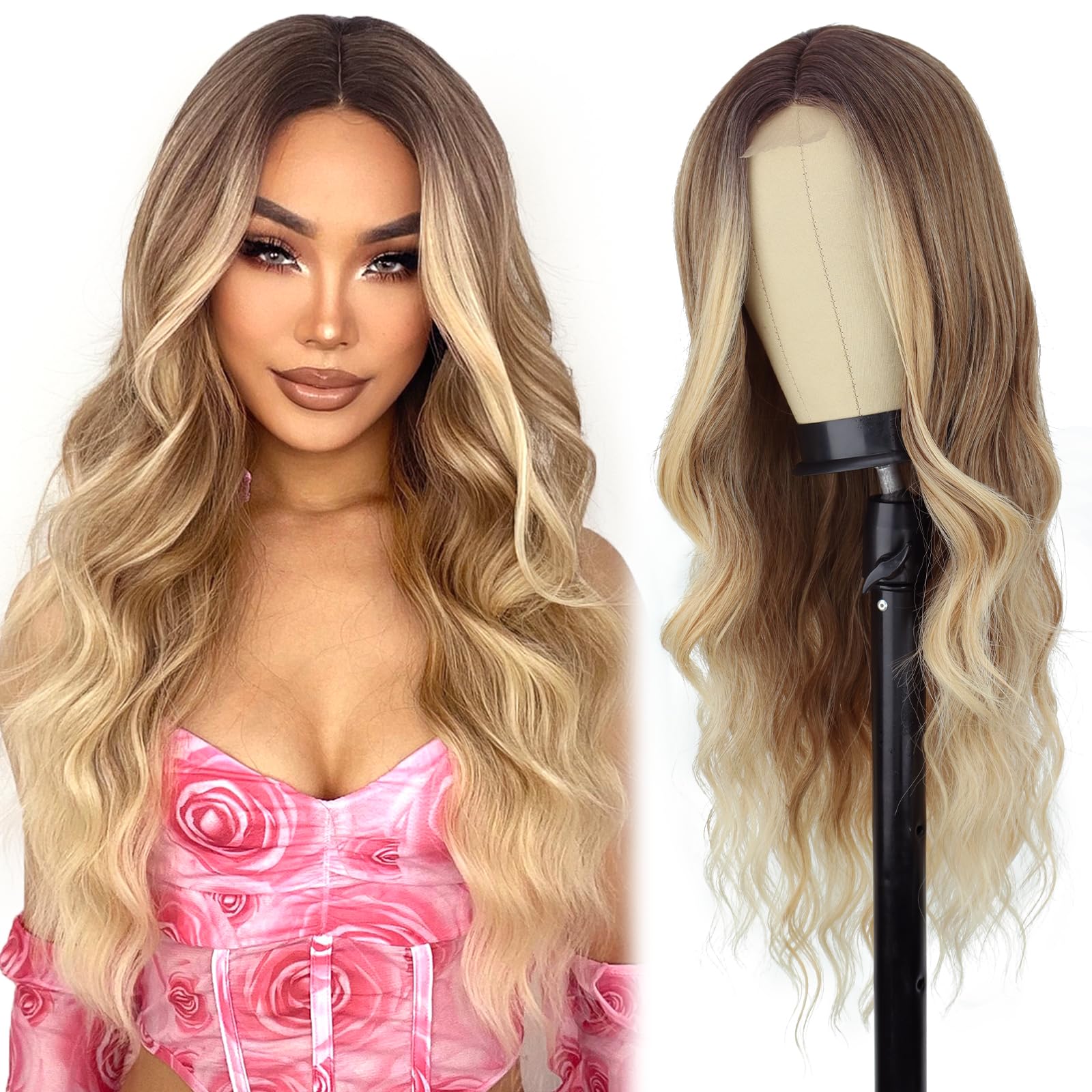 LINGHANG Long Blonde Wigs for Women Synthetic Blonde Wavy Wig Natural Looking Synthetic Curly Dirty Blonde Long Wigs for Daily Party Use