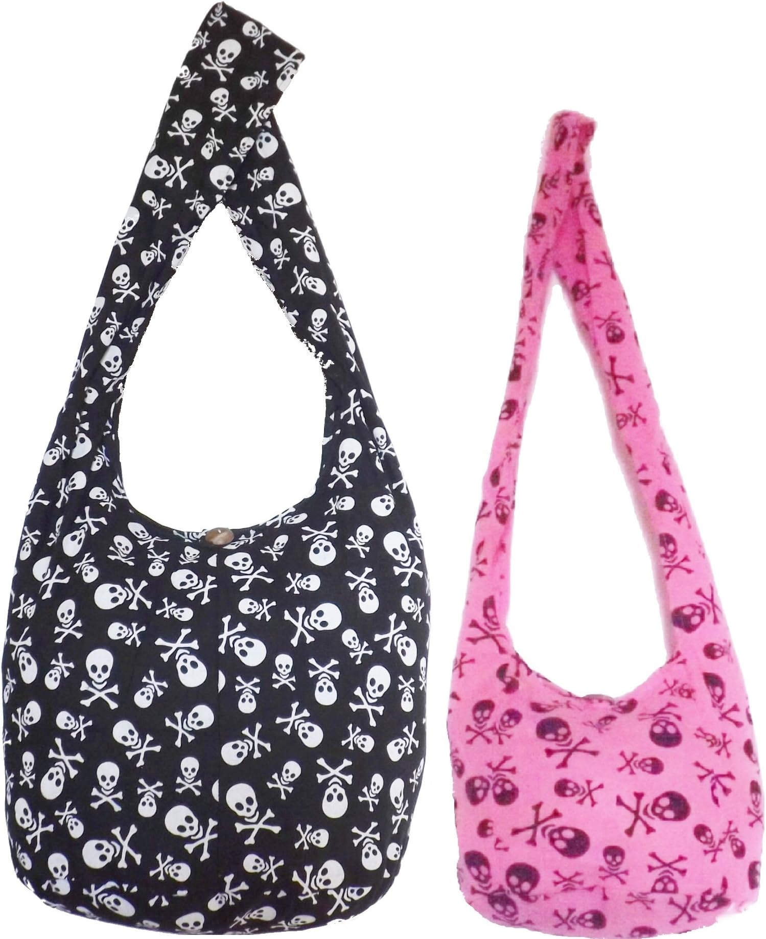 Black Skull Jumbo & Pink Skull Sling Cross Body Shoulder Bags Hippie Hobo Thai Cotton Bohemian Tote Beach Bag Gym Bag Craft Bag Satchel Grocery Fishing Lunch Oversized Weekender Carry-on Bags and Purses by Audrey Slavich