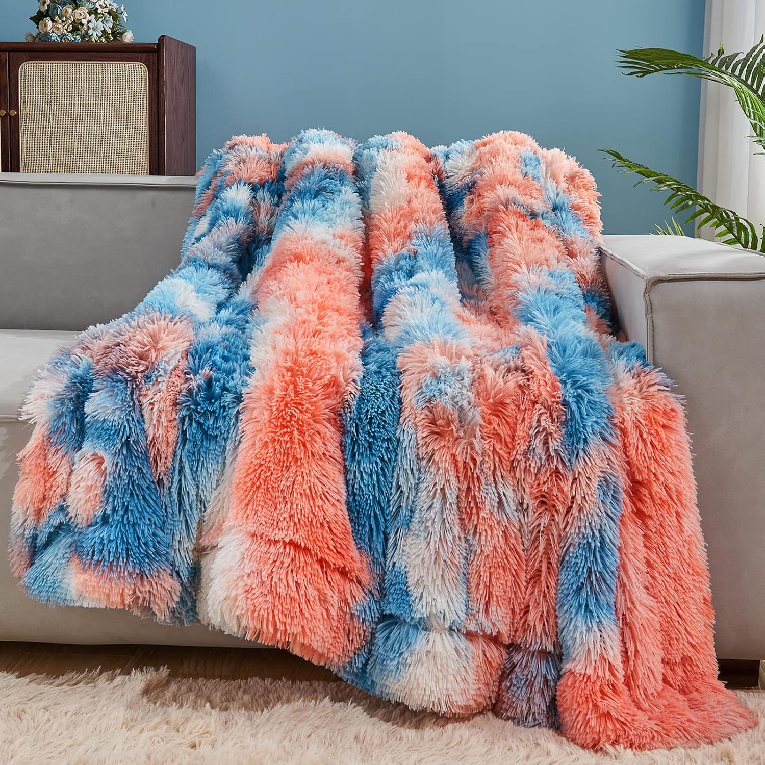 GONAAP Fuzzy Faux Fur Throw Blanket Twin Size Tiedye