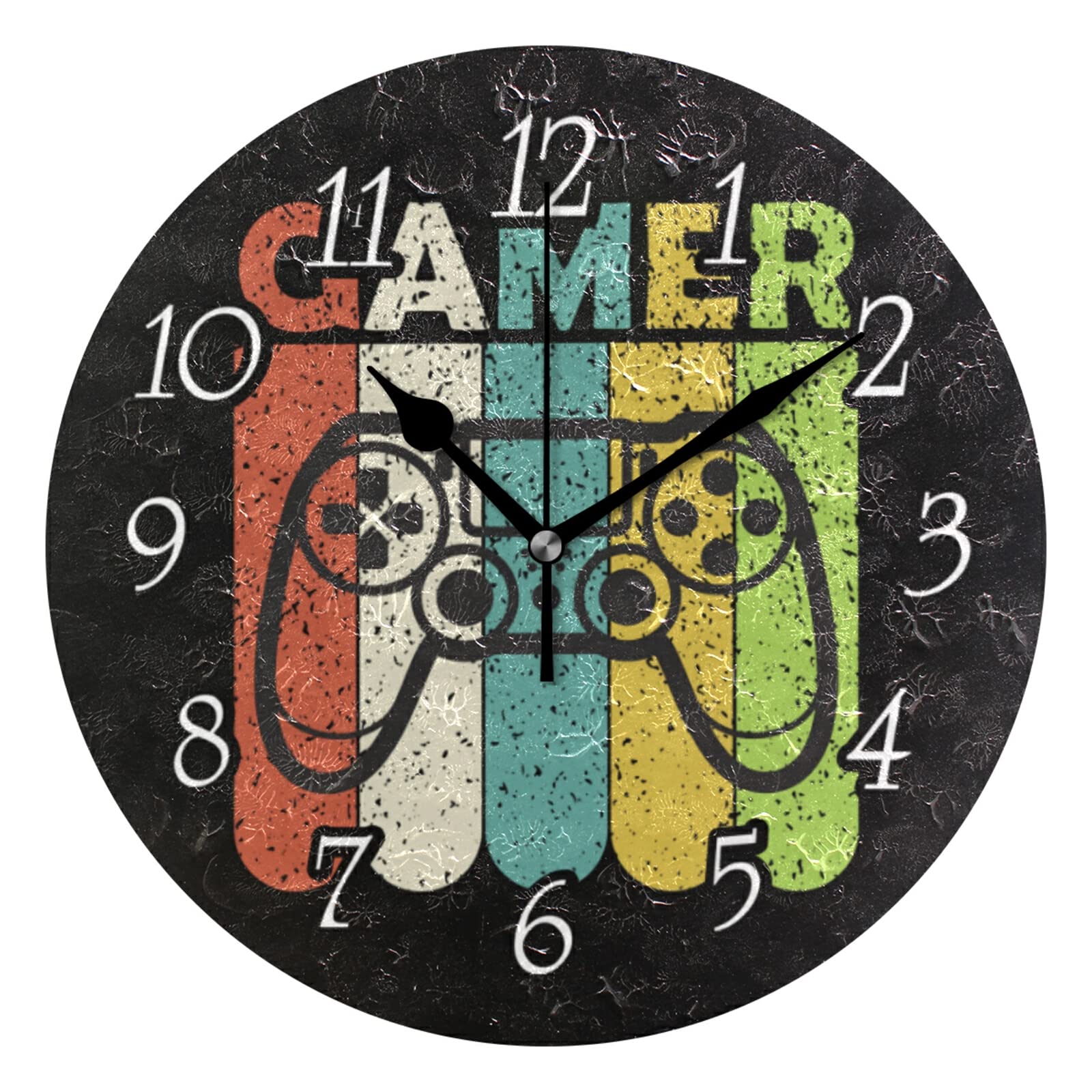 Colorful Joystick Vintage Gamepad with Slogan Gamer on Dark Wall Clock, Silent Non-Ticking Easy to Read Round Decorative Wall Clock with Black Hands for Home Office School 9.5" in Diameter