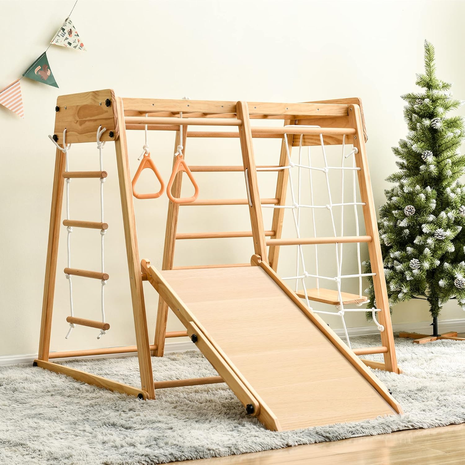 Indoor Playground 8-in-1 Jungle Gym Toddler Climbing Toys with Slides and Play Table Wooden Rock Climbing Ladder with Rope Wall Swing Rings Kids Slides Playset Natural Wood As Shown One Size