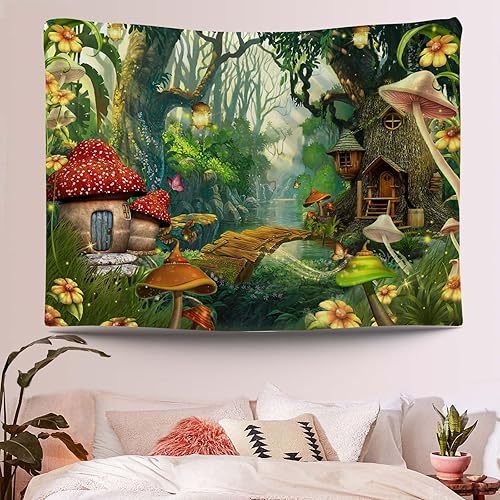 Miniatura 3 de Mocsicka Tapiz de bosque de hadas encantado de cuento de hadas del país de las maravillas de la casa del árbol, hongos, tapiz mágico de primavera