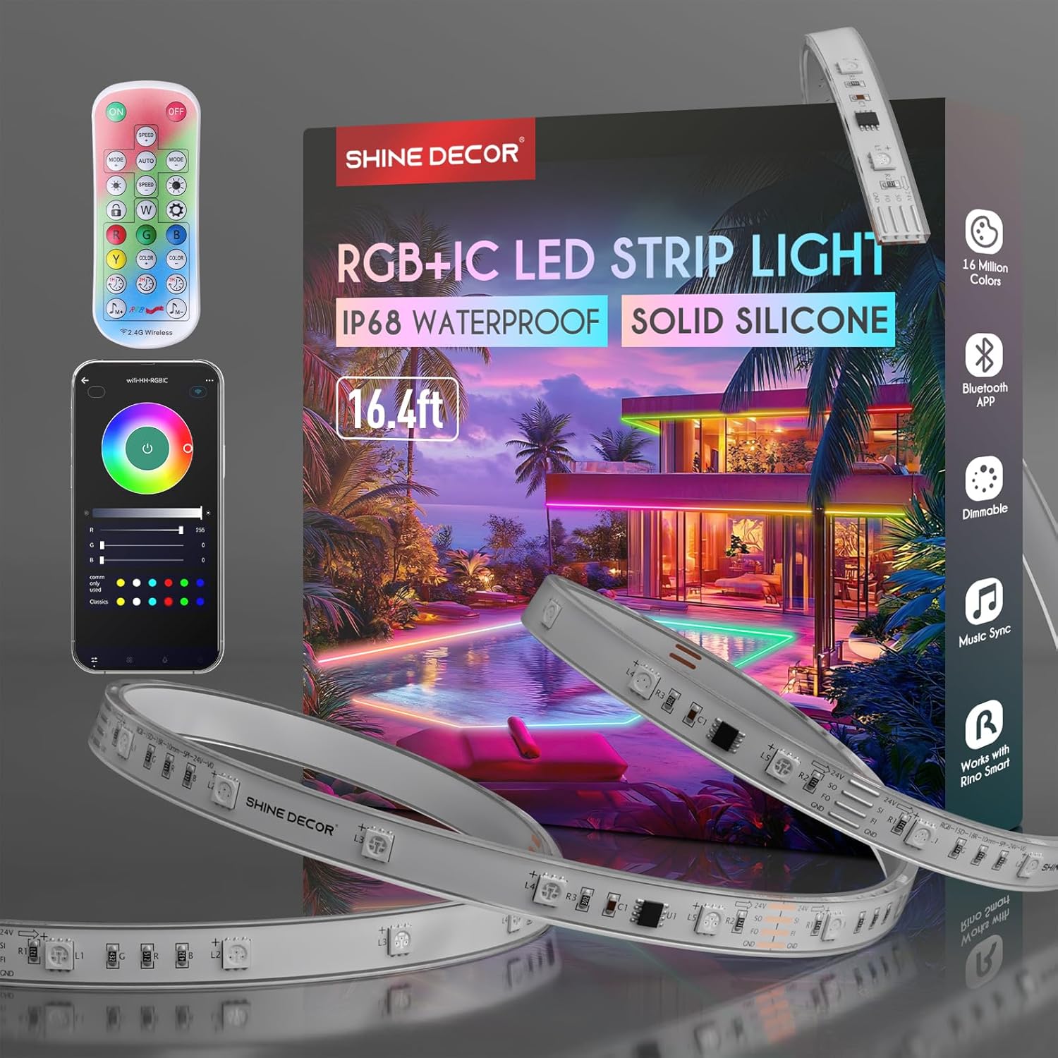 Shine Decor IP68 LED Strip Light 16.4 FT, DC 24V RGB+IC LED Strip Lights, Outdoor Rope Lights with Remote APP Control Music Sync, Color Chasing LED Lights Strip for Chrismas, Pool, Home Decor