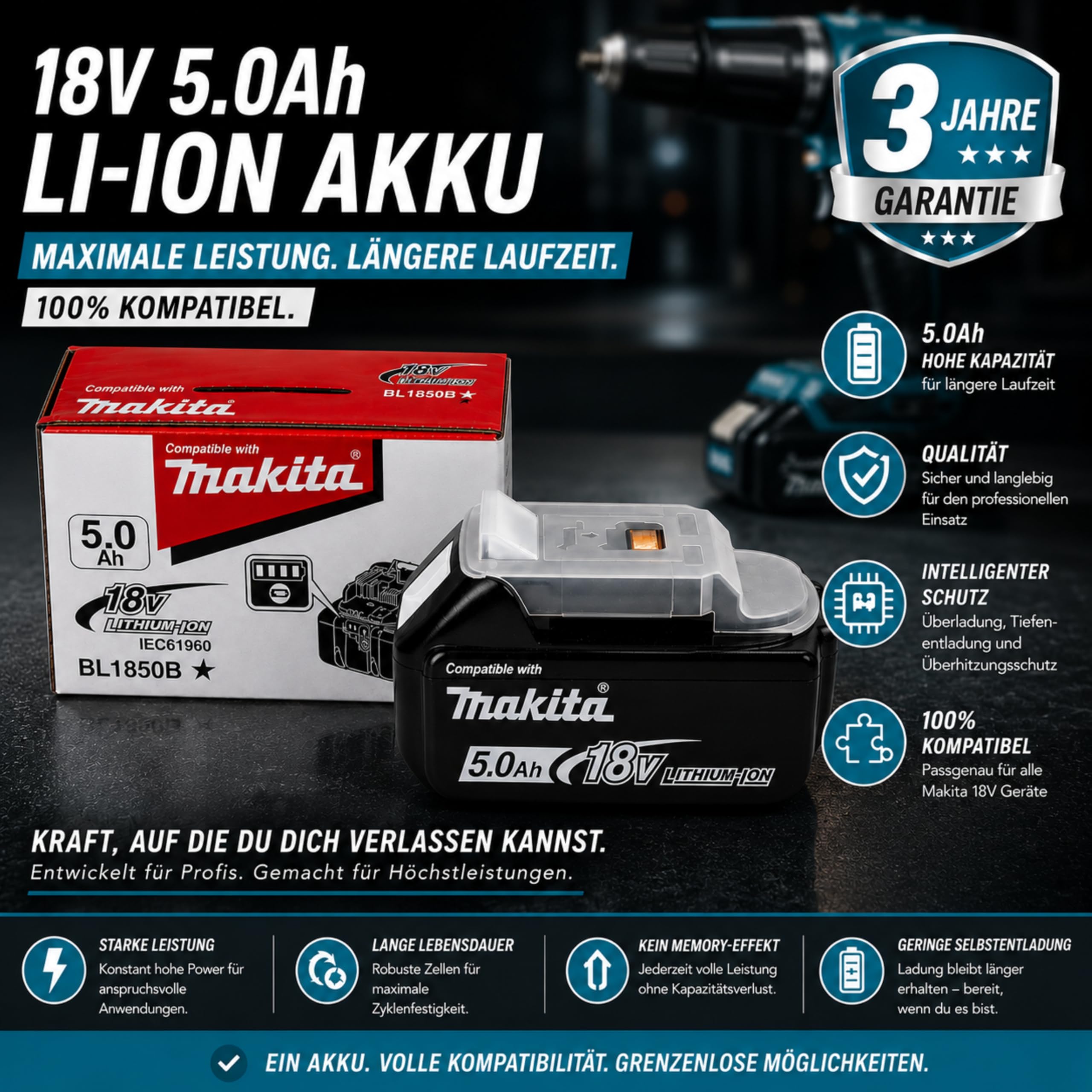 2 batterie da 18 V 5,0 Ah compatibili con Makita LXT BL1850B, batteria agli ioni di litio ad alte prestazioni con indicatore LED, batteria di ricambio per utensili elettrici, set da 2 batterie