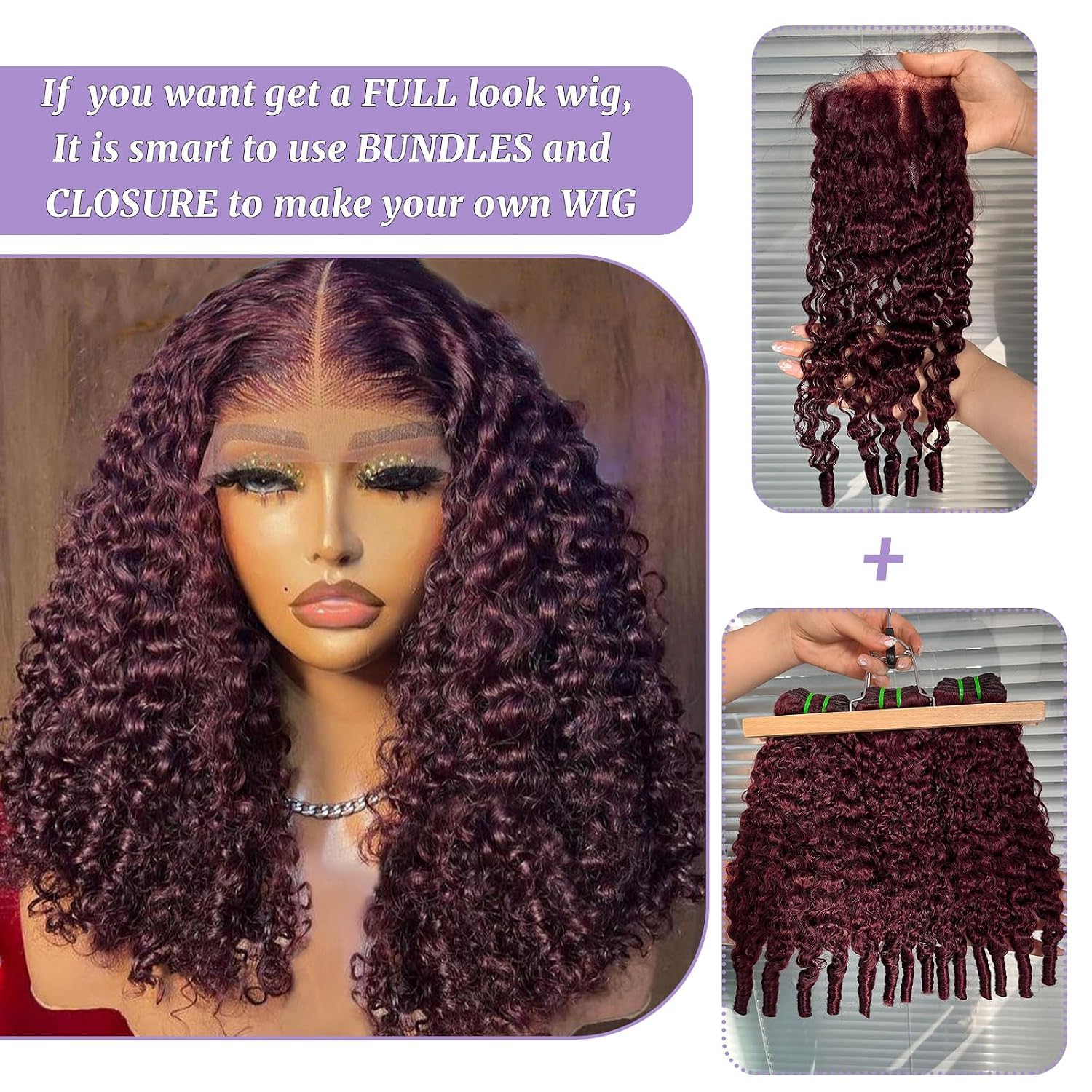 Burmese Curly Human Hair Bundles With Closure 99J Burgundy Color 100% Real Virgin Human Hair 3 Bundles 16 18 20 With 16 Inch 2x6 Long Part Lace Closure 3c4a Water Wave Spiral Curly End