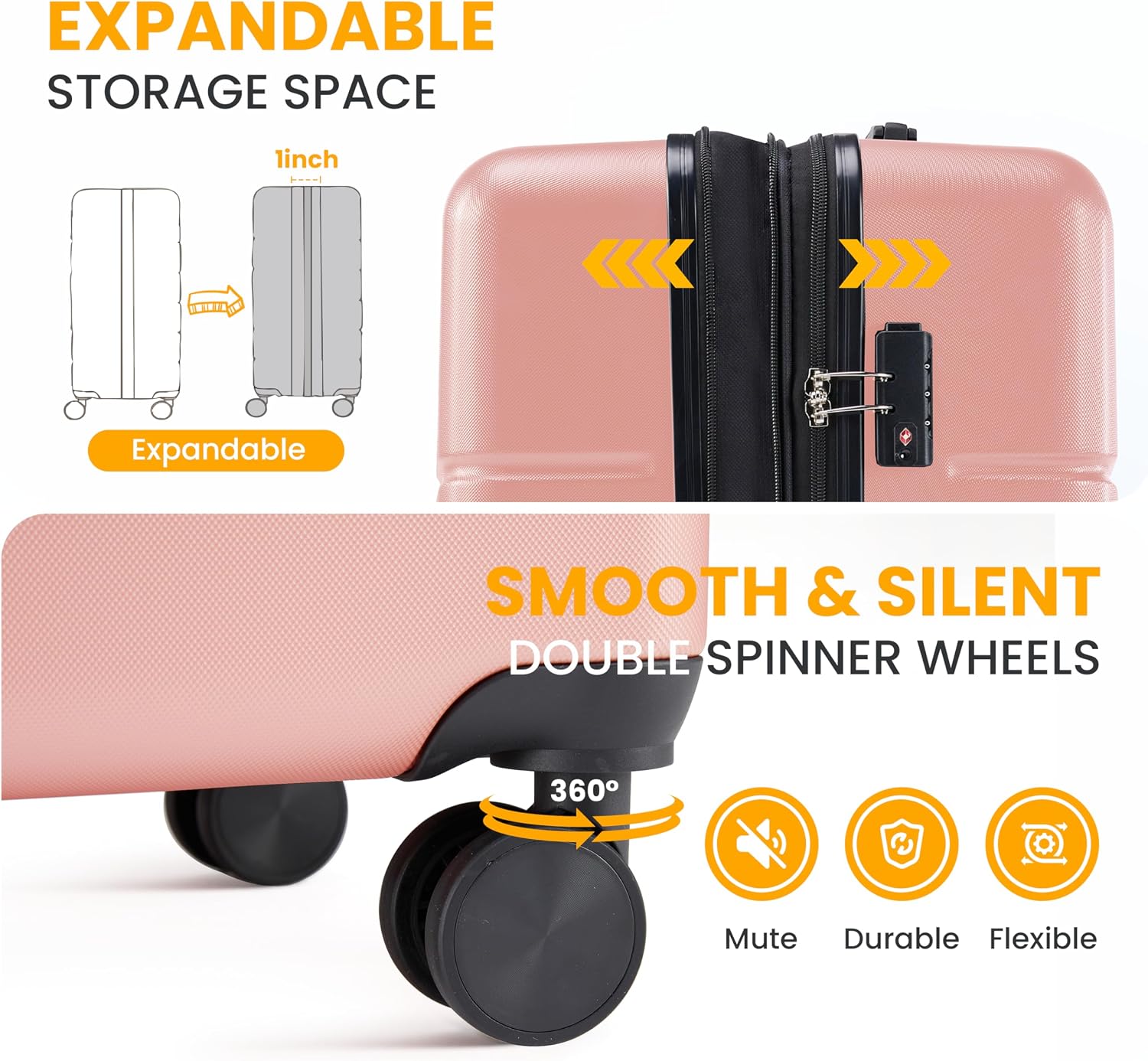 HealSmart Hardside Carry-On Luggage, Expandable Portable Hardshell Luggage with Spinner Wheels, Lightweight Suitcase TSA Lock, 20 Inch, Pink