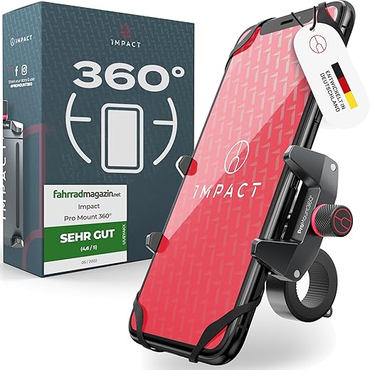 Impact® Pro Mount 360° - Handyhalterung Fahrrad [Smartphone KOMPATIBEL 4-7 Zoll] - Handyhalter Fahrrad - Handyhalterung für Fahrrad Lenker mit Kugelgelenk & Sicherheitsgummi - iPhone 14 15 Pro Max