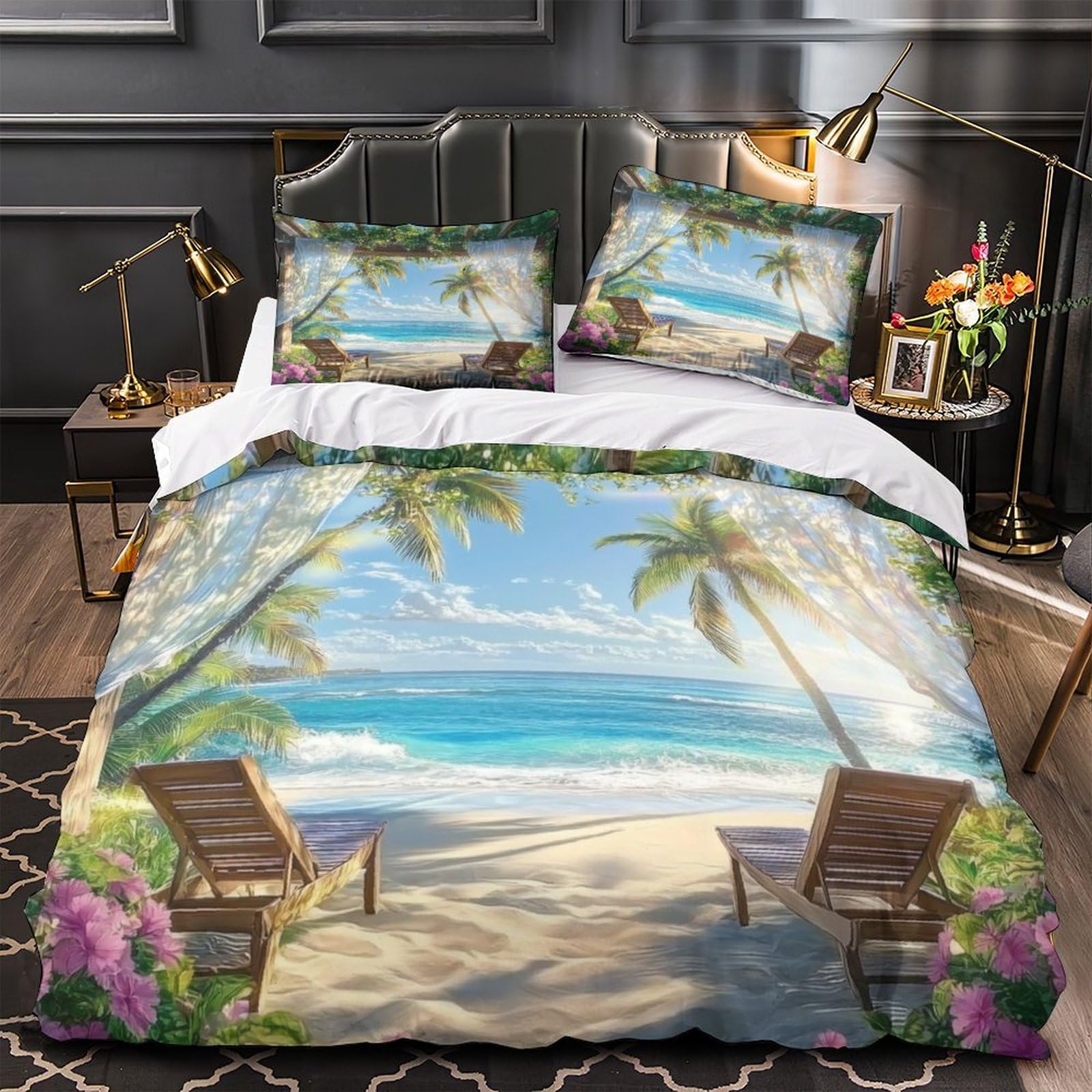 Housse de couette anti-plis et thermorégulatrice motif plage 3D 135x200