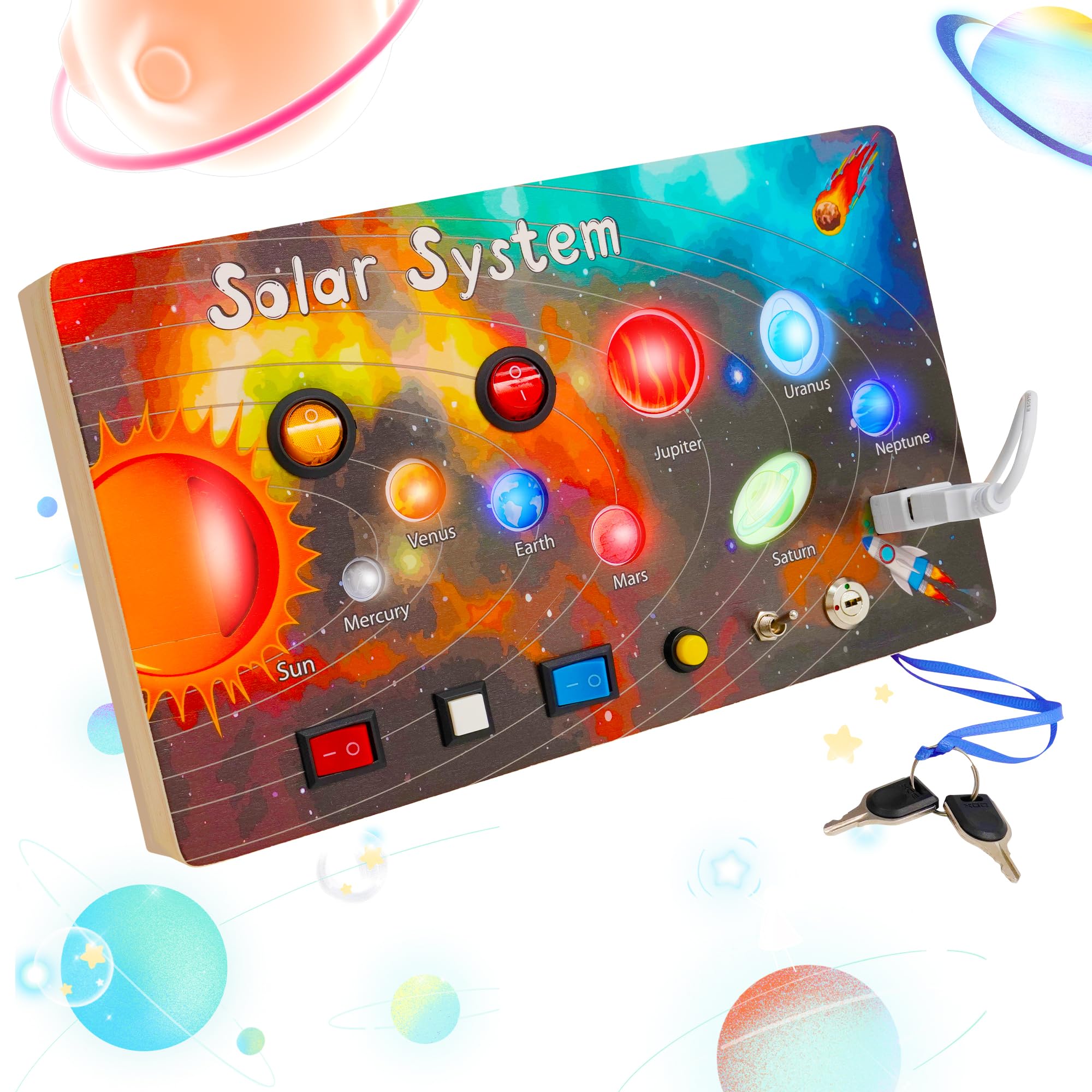 NUKiedWooden Busy Board for Toddlers with 8 Switches Montessori Sensory Board Motor Skill Activity Board Early Educational Learning Travel Toys Gift for Kids Boys Girls 1 2 3 4 Years Old