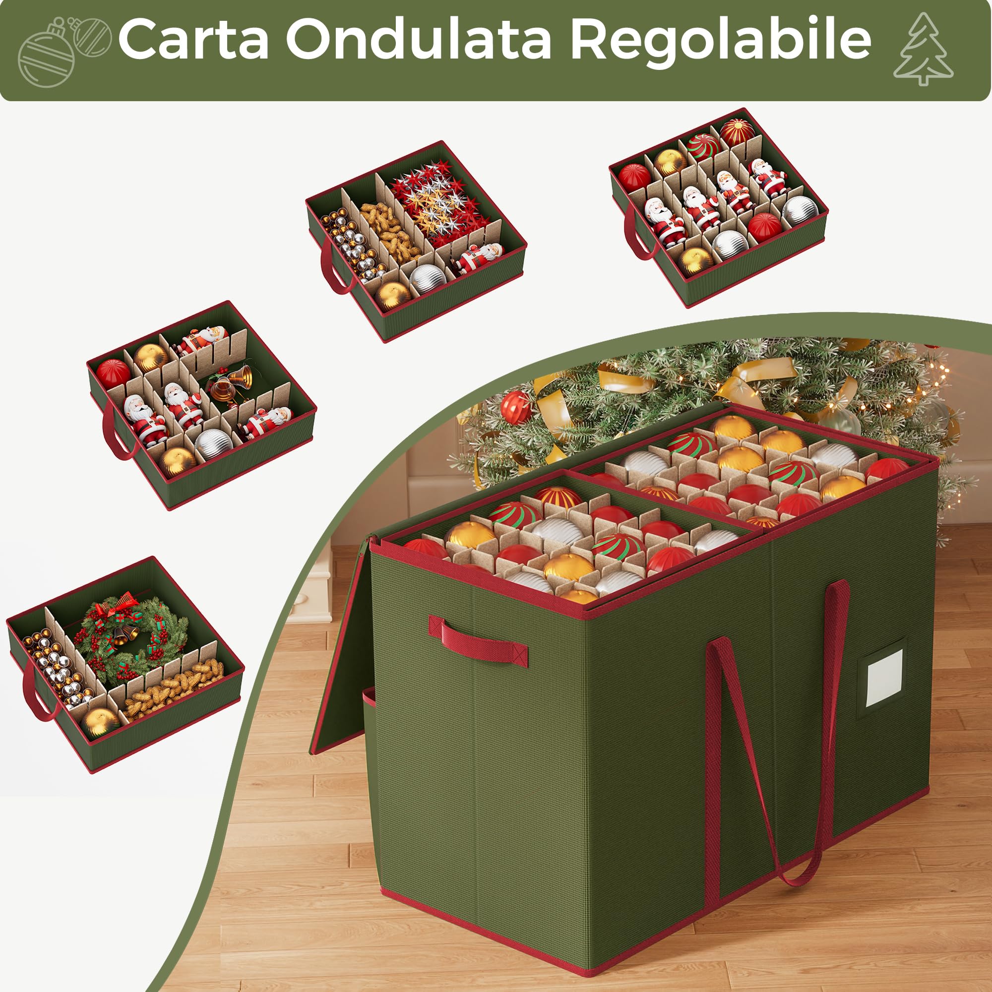 Contenitore per Palline di Natale, 160 Scomparti da 7,6cm, Scatola Impilabile Decorazioni Natalizie con Coperchio, 600D Oxford, 64 x 32 x 43,5 cm，Verde
