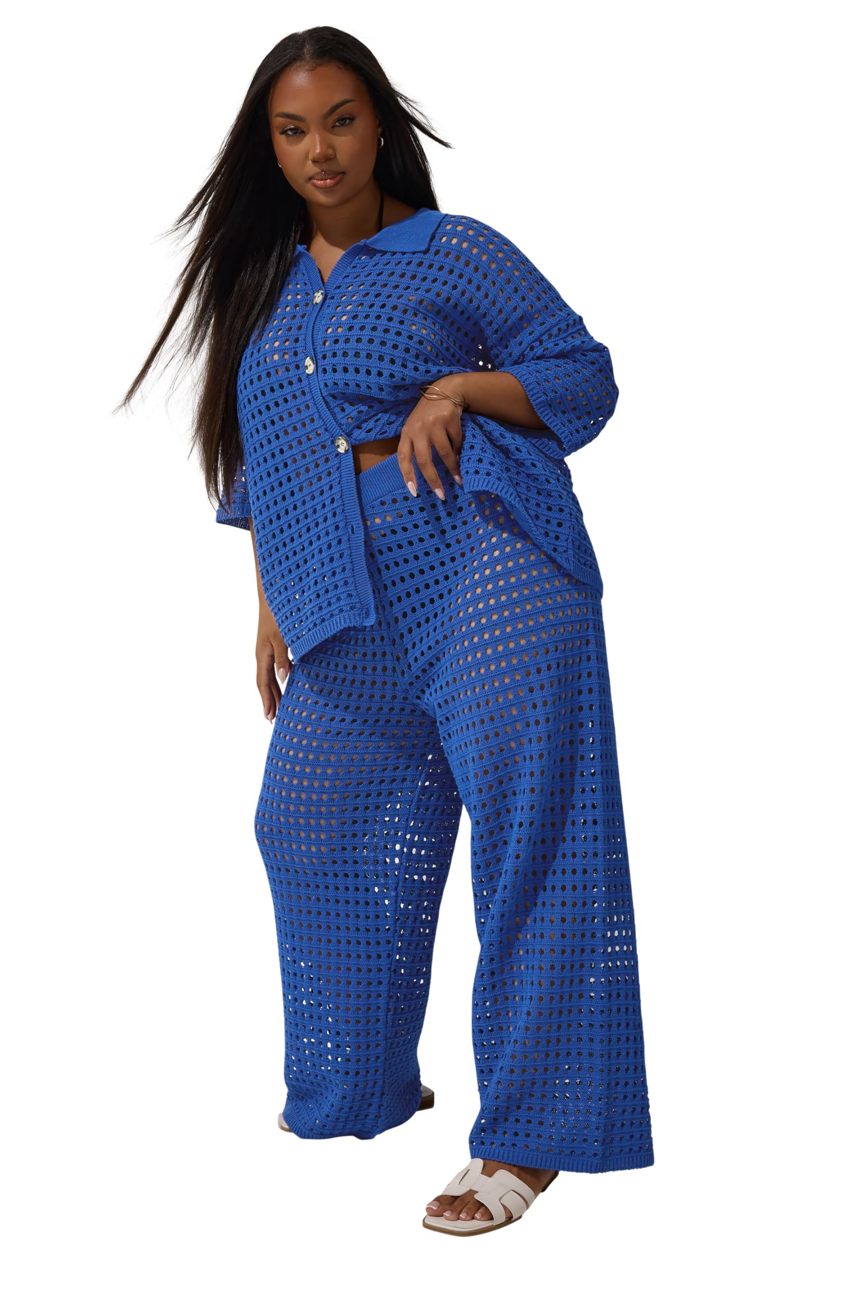 Yours Limited Collection Curve Blue Crochet Wide Leg Trousers - Women's - Plus Size Curve