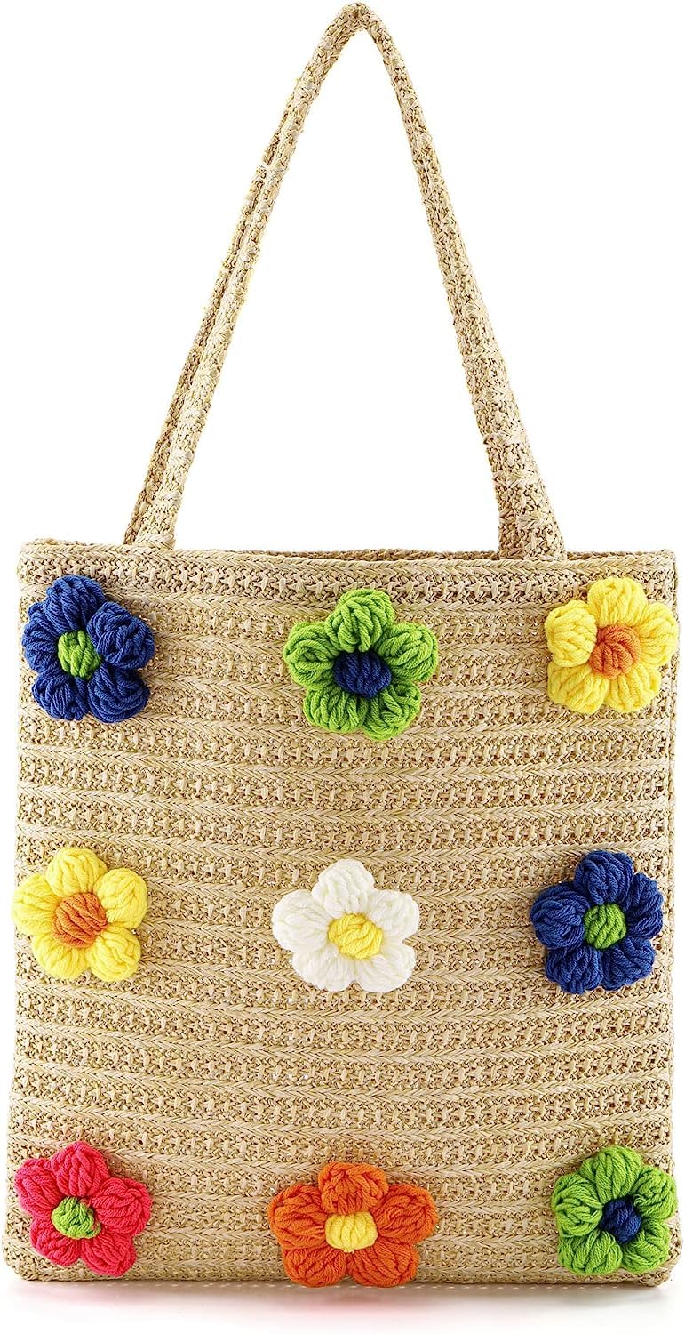 Women Summer Beach Straw Bag Flower Cotton Crochet Woven, Womens Hand-woven Shoulder Bag Handbag Large