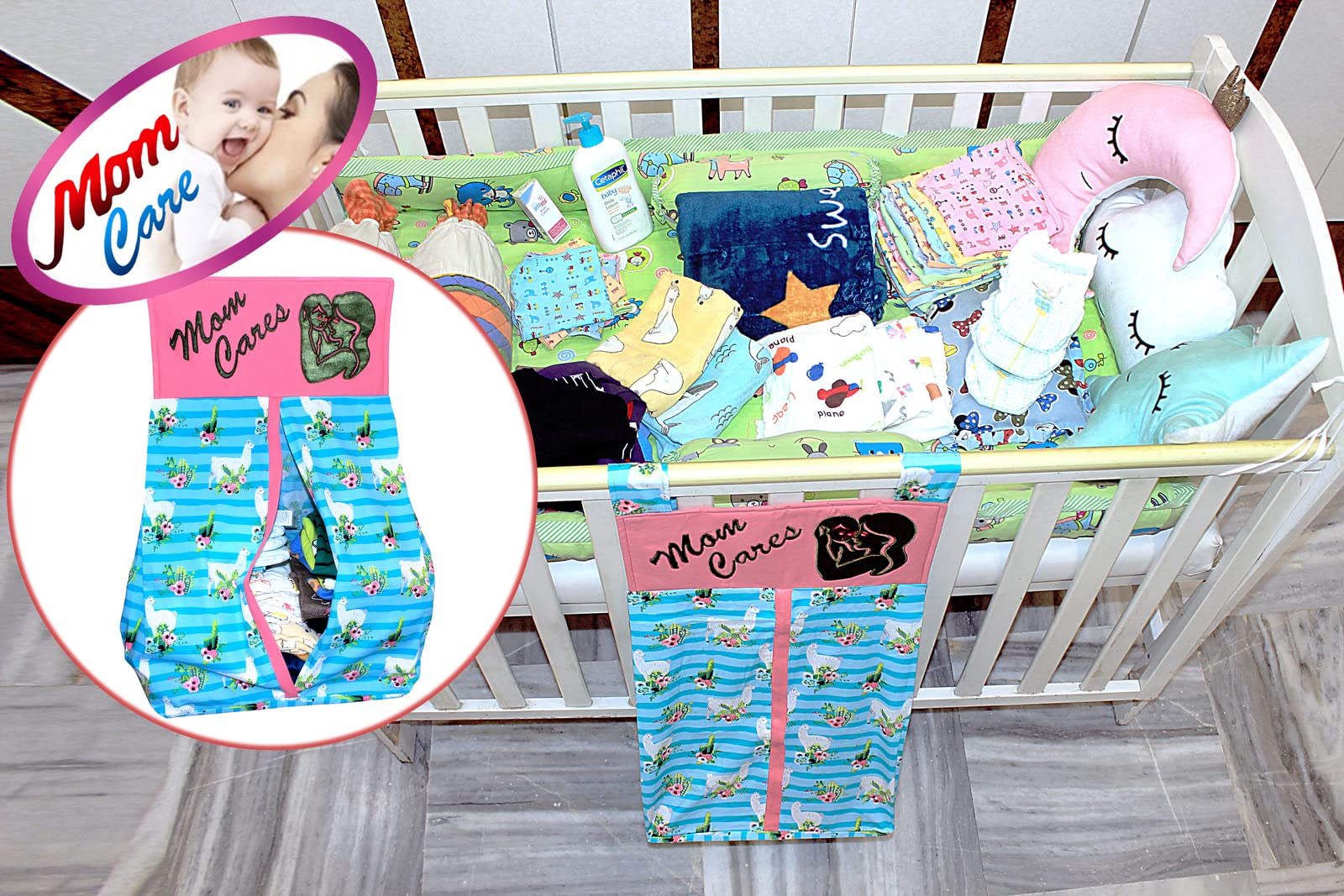 MOM CARE Baby Crib Storage Bag-Baby Stuff Organizer/Diaper Bag Storage/Baby Shower Gift Birthday/Cot organiser/ 31 * 31cm Blue &pink 1