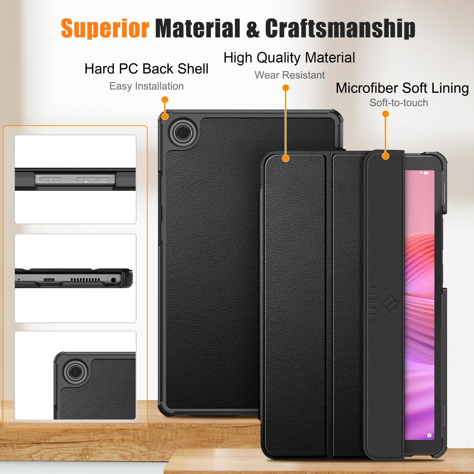 Fintie Etui do Lenovo Tab One 8,7 cala 2025 – ultra cienkie, super lekkie, ze sztucznej skóry, etui ochronne z funkcją automatycznego wygaszenia/wybudzenia, czarne