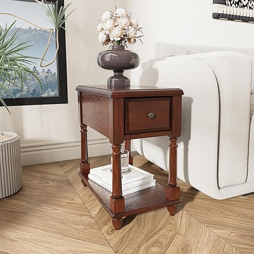 Miniatura 2 de LEEMTORIG Mesa auxiliar estrecha con cajón, mesa auxiliar de madera maciza de 2 niveles con estantes de almacenamiento, mesita de noche delgada para