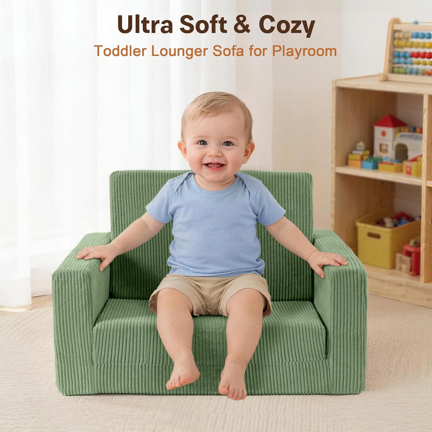 Bubble Ball Comfy Toddler Chair and Couch for Kids, 2-in-1 Convertible Kids Sofa, Fold Out Toddler Sofa to Lounger, Soft Cozy Kid Couch for Boys & Girls 1-3 Years Old, Green