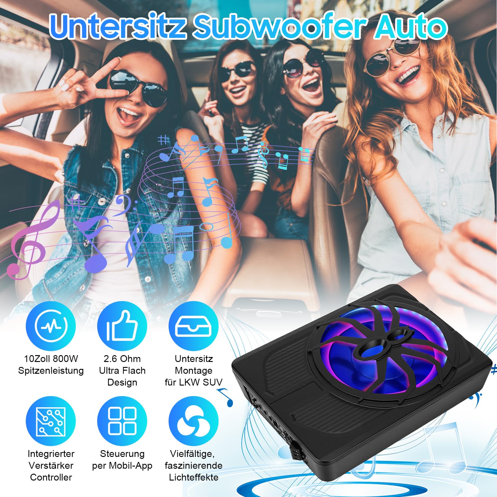 VINGVO Subwoofer para coche, 10 pulgadas, 800 W, subwoofer activo para coche, 2,6 ohmios, ultraplano, subwoofer para coche, con amplificador controlador de sonido bajo, altavoz para vehículo, camión
