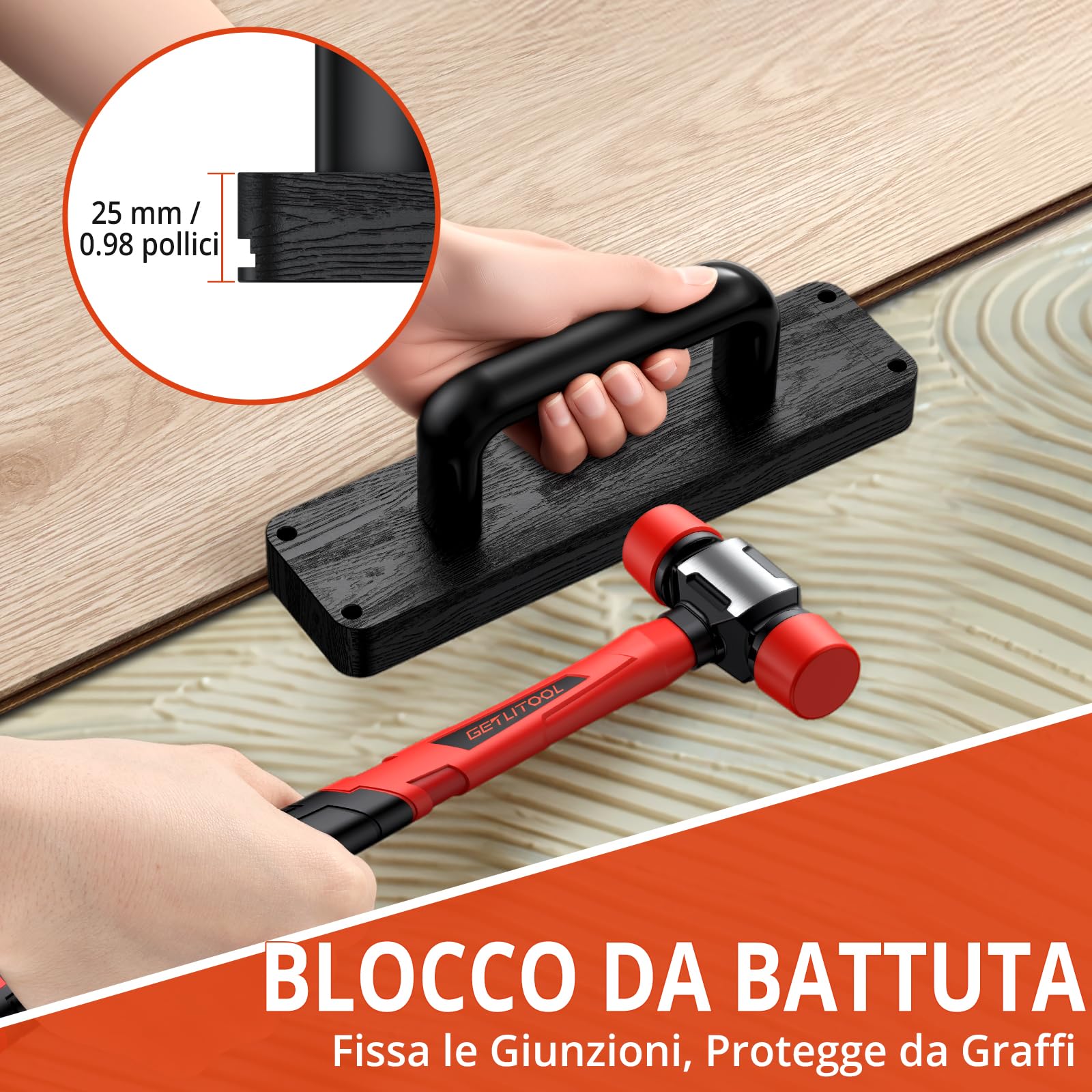 GETLITOOL Kit per Installazione Pavimento Laminato, 60 Distanziatori, Martello in Gomma, Blocco di Battitura con Manico, Barra di Trazione con Feltro, Metro Pieghevole - Strumenti Completi per Parquet