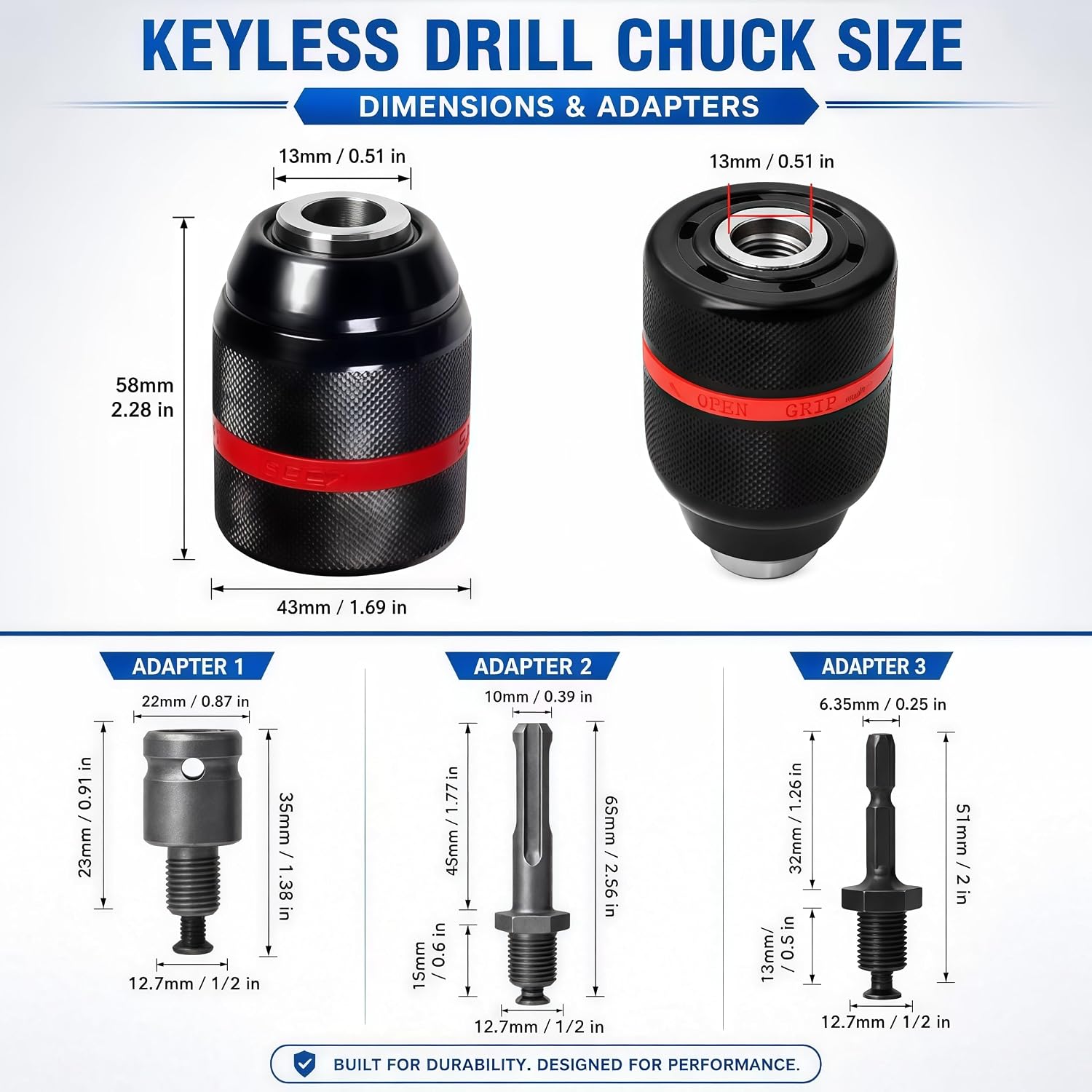 1/2-20UNF Keyless Drill Chuck Kit, 1.5-13mm, with 3 Adapters | Self-tightening alloy steel chuck includes 3/8 in SDS Plus, 1/4 in hex and 1/2 in impact wrench adapters