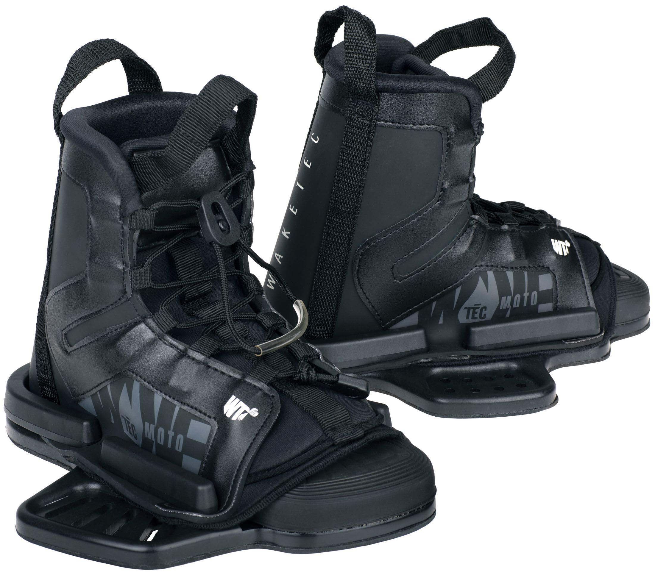 Waketec Moto attachi per Wakeboard, Taglie 34-47 EU- S/M, L/XL, Ampia Gamma di Regolazione, Confortevole, Tenuta Ferma, Schema di Fori Universale, Scarpe per Wakeboard, Bambini Adulti, Nero