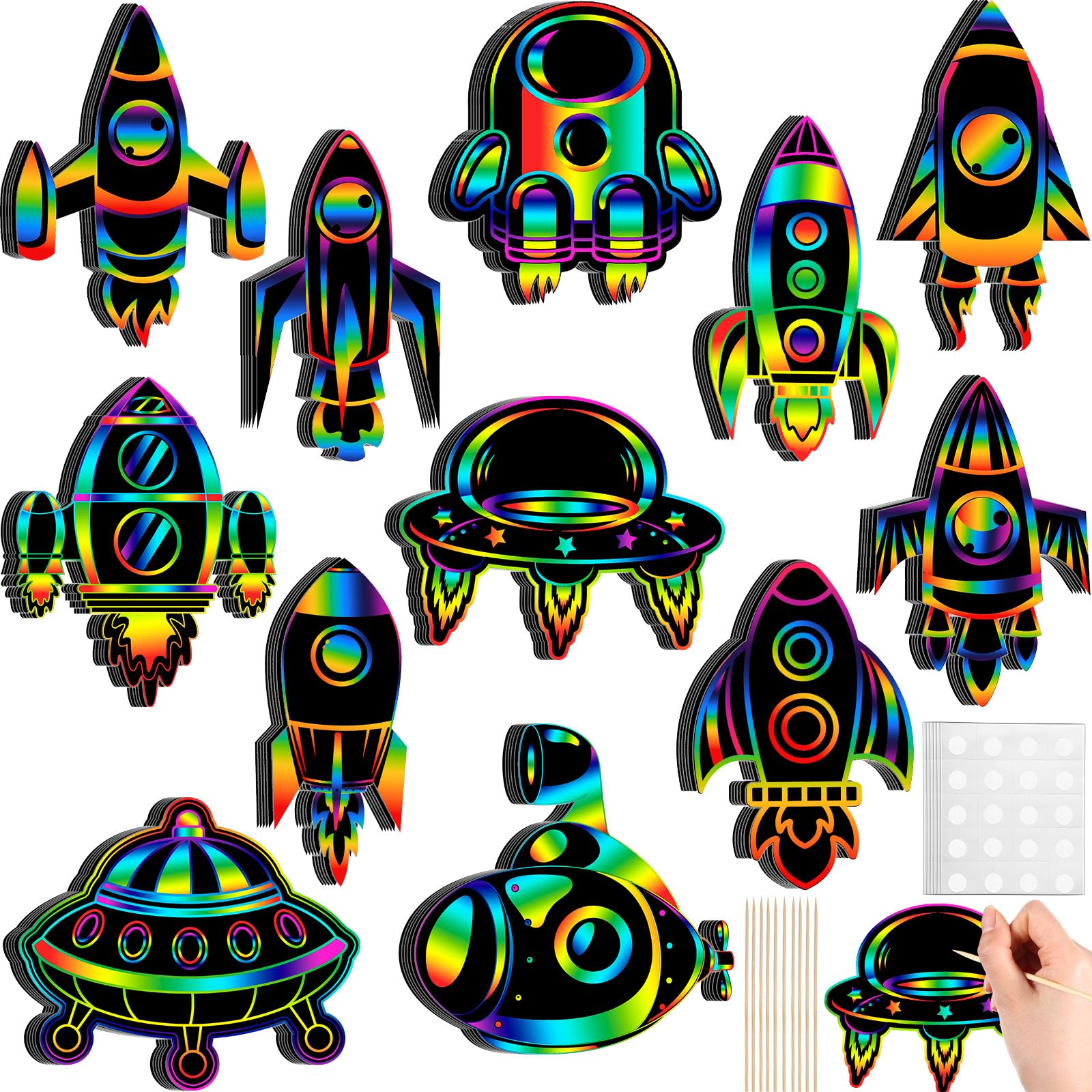 Engrowtic 72 Pcs Rocket Scratch Cards with Wooden Stick and Ribbon for Kids' Space Party Favors and DIY Projects