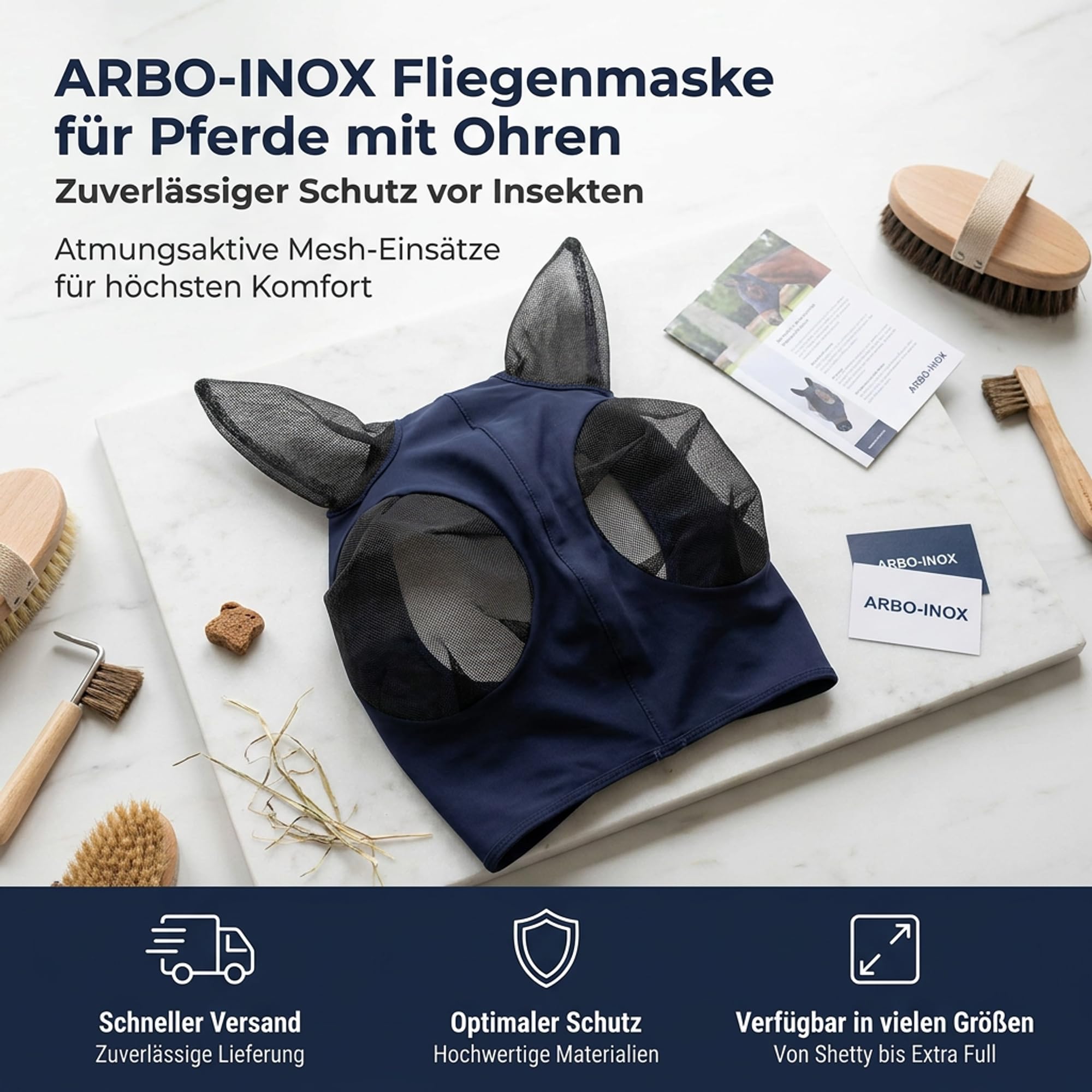 ARBO-INOX Fliegenmaske für Pferde mit Ohren – Sicherer Fliegenschutz auf der Weide – Elastisches Gewebe, Mesh an Augen, Reißverschluss, Navy