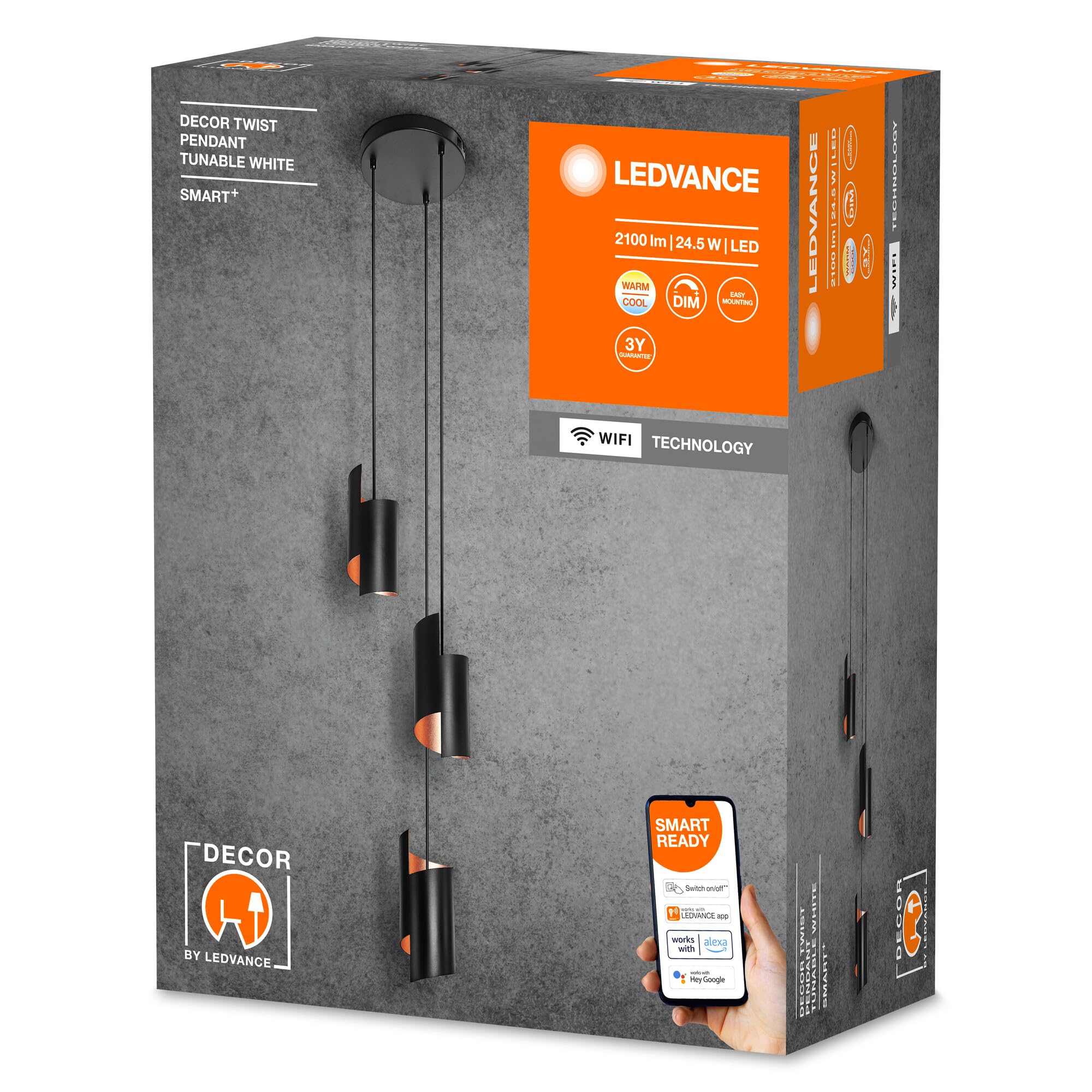 LEDVANCE SMART+ DECOR Twist lampada a sospensione WiFi, nera, 24,5W, 2100lm, luce bianca regolabile 3000-6500K, DIM, luce verso l'alto e il basso, controllo da app, compatibile con Amazon, Google