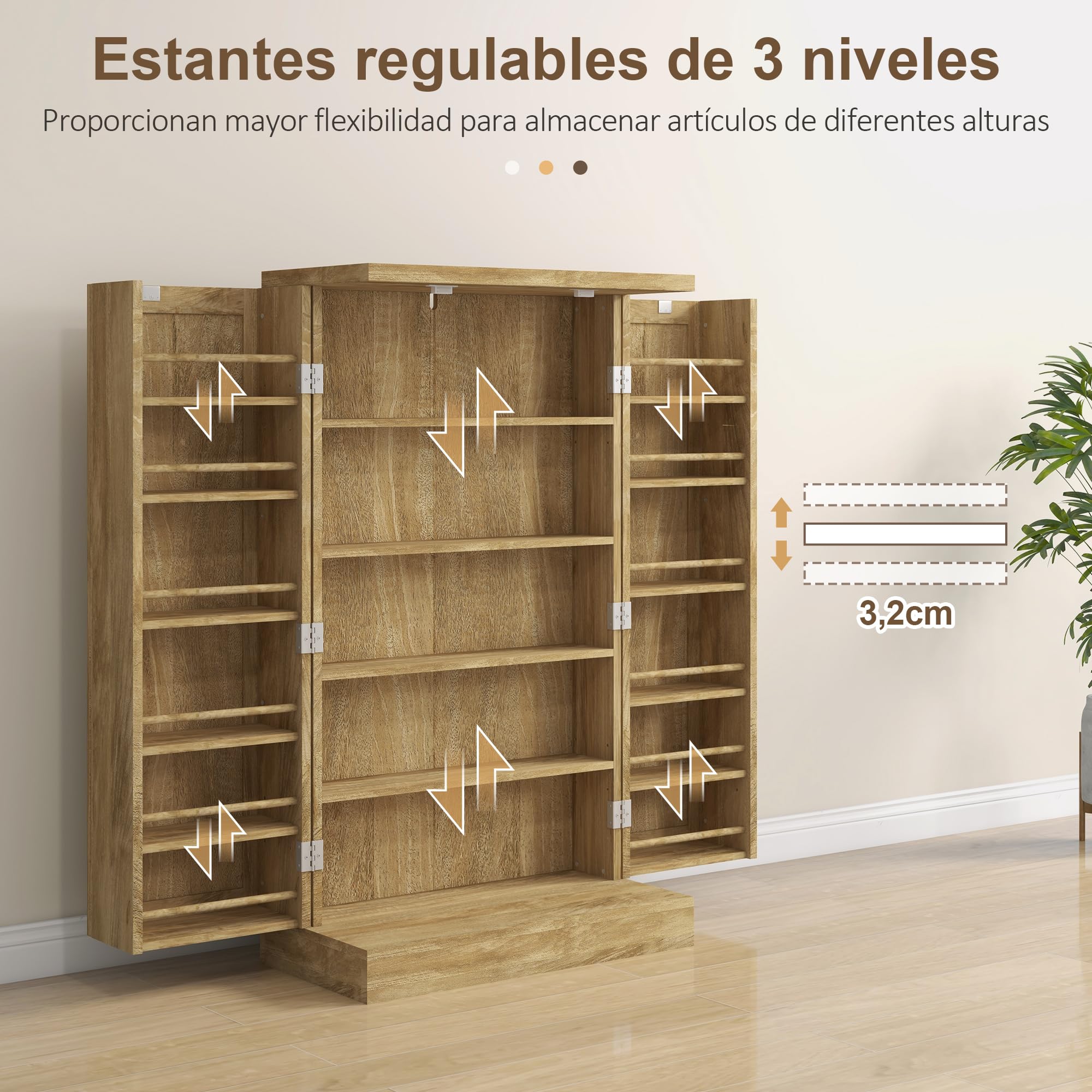 HOMCOM Armadio da cucina Armadio dispensa da cucina con 2 ante in rattan e 16 ripiani Armadio da cucina moderno con ripiani regolabili per sala da pranzo soggiorno 60x30x104 cm Naturale