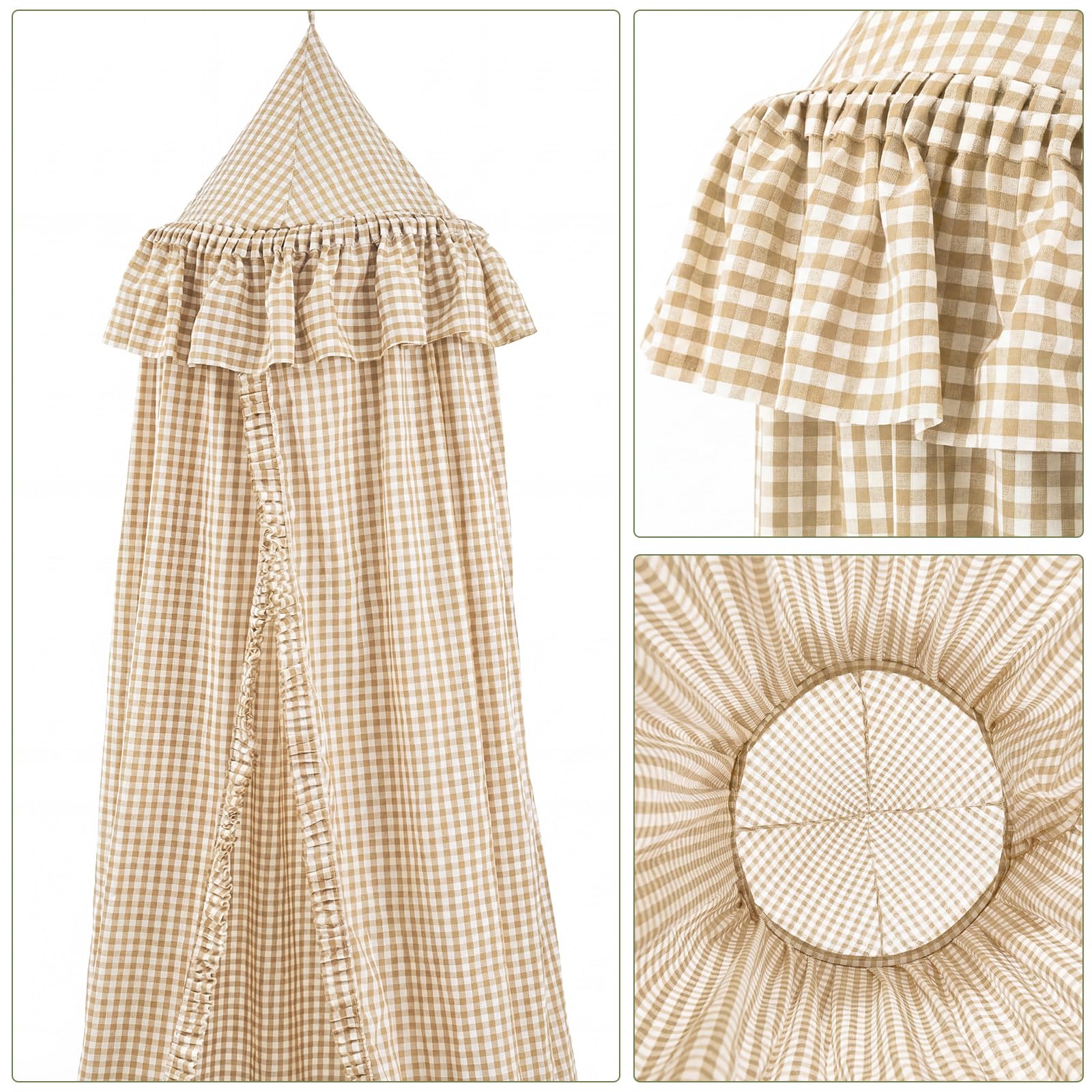 SmoothNovelty Gingham Plaid Bed Canopy with Ruffles Soft Vintage Style Decorative Tent for Reading Nook Play Area or Adult Bedroom Circus Tent Canopy(Beige) — view 7