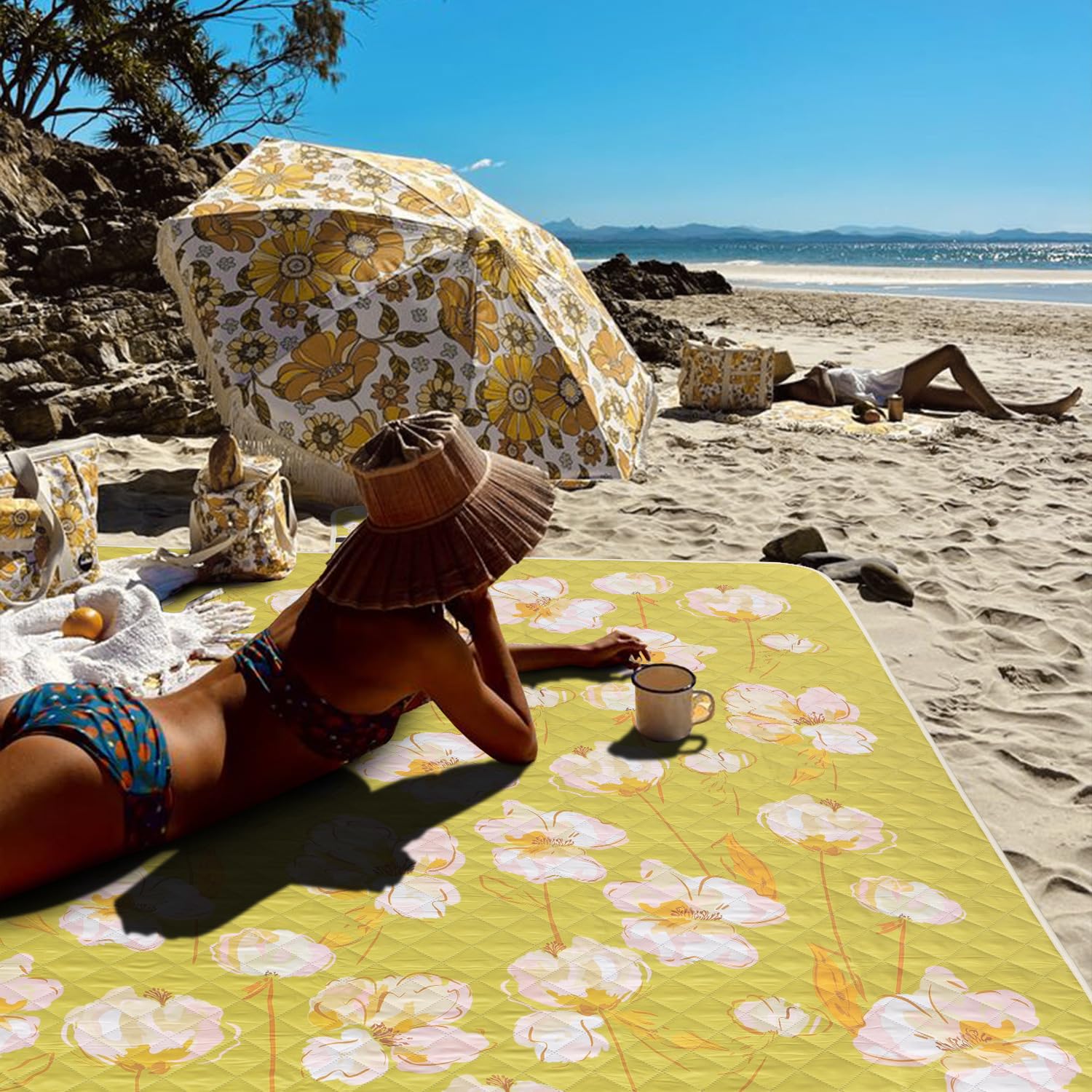 Couverture de pique-nique imperméable et pliable à 3 couches épaisse et portable pour camping, plage, parc, randonnée, pelouse, festival, utilisation en extérieur (#6, 140 x 200 cm)