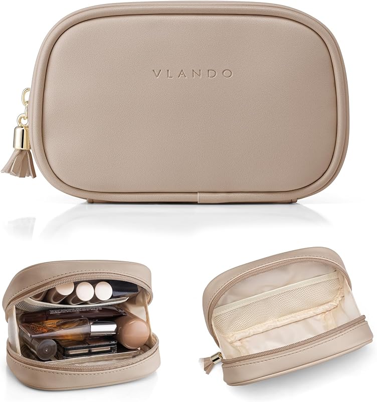 Necessaire de maquiagem VLANDO em couro PU com bolsos internos, Toffee