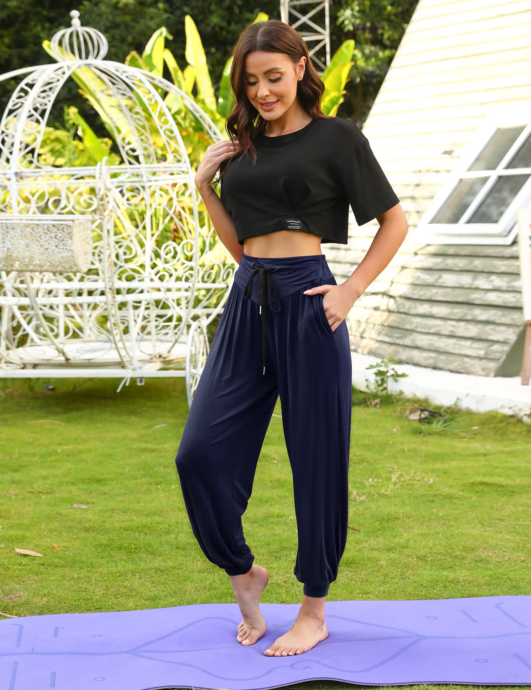 Terecey Pantaloni Harem Donna,Pantaloni da Yoga Donna con Tasche,Pantaloni Donna Eleganti Vita Alta,Pantaloni Donna sprotivi Cotone per Jogging, Danza, Pilates S-3XXL