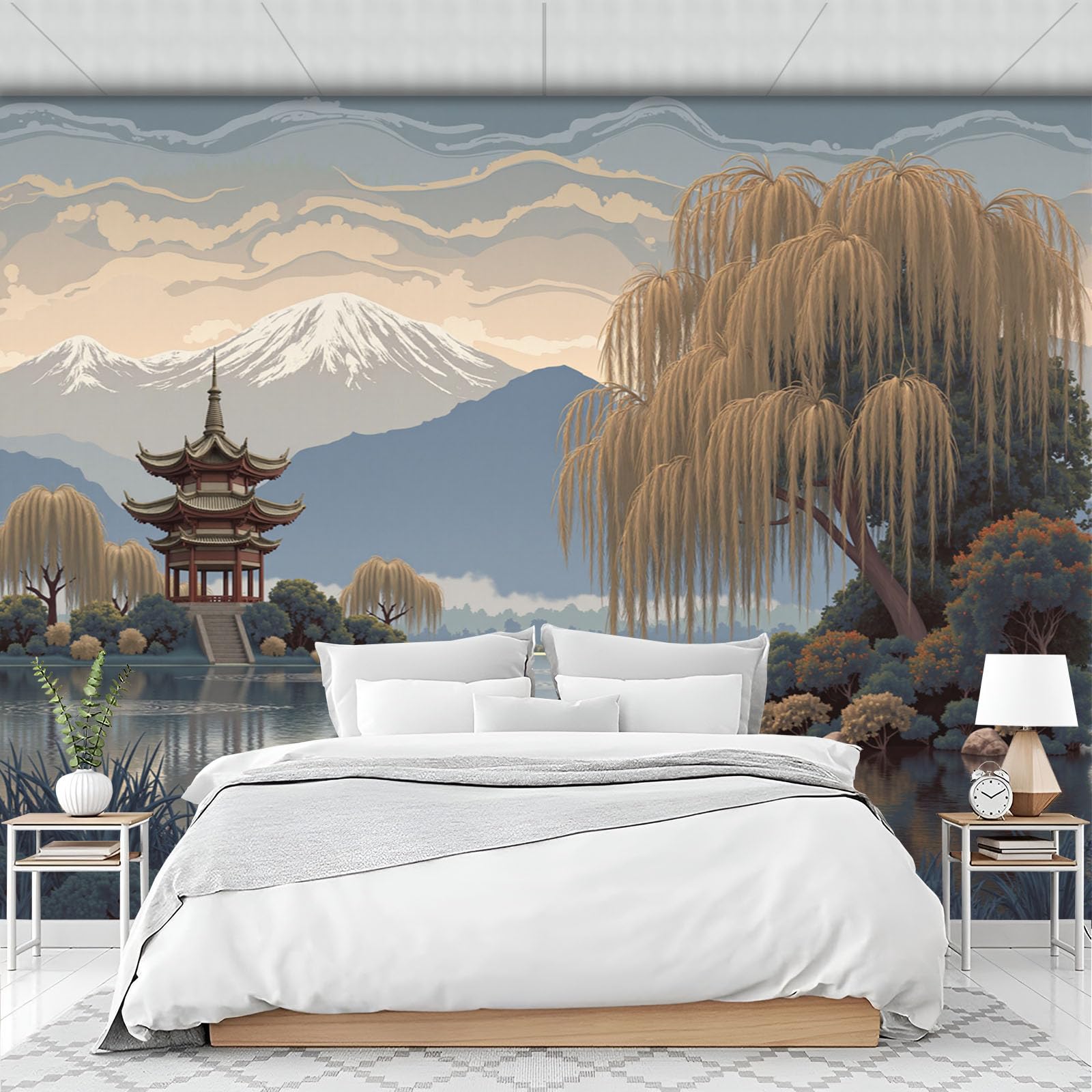 Papel Pintado 3D Río Pabellones Sauces Llorones 250Anx175Al cm Fotomurales Tejido No Tejido, Paisaje Papel Tapiz Grande Murales Fotográfico Moderno Decoración de Paredes