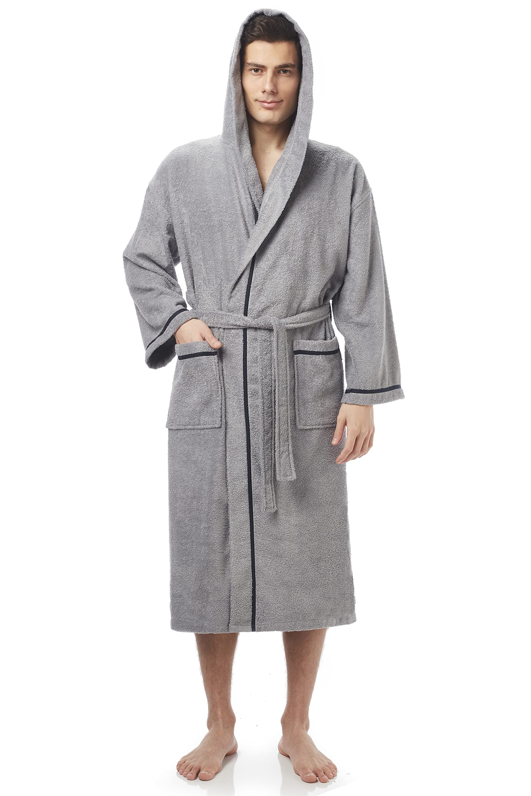 Arus Men's Hooded Classic Bathrobe Turkish Cotton Robe with Full Length Options