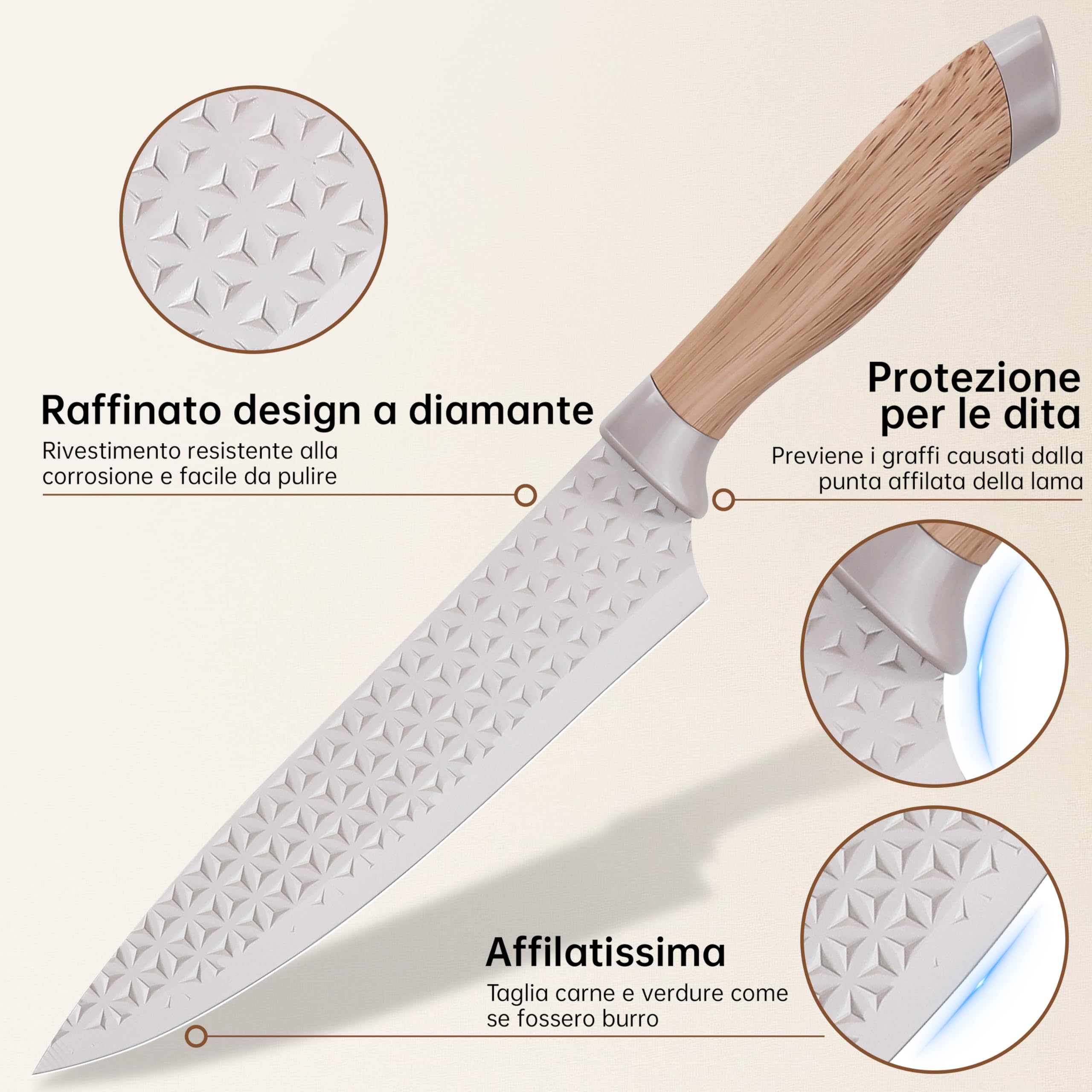 Set di Coltelli: Set di Coltelli da 6 Pezzi Comprende 2 Coltelli da Cucina, 1 Coltello da Pane, 1 Paio di Forbici e Un Ceppo Portacoltelli Universale, Set da Cucina, Carne, Verdura e Frutta, Cachi