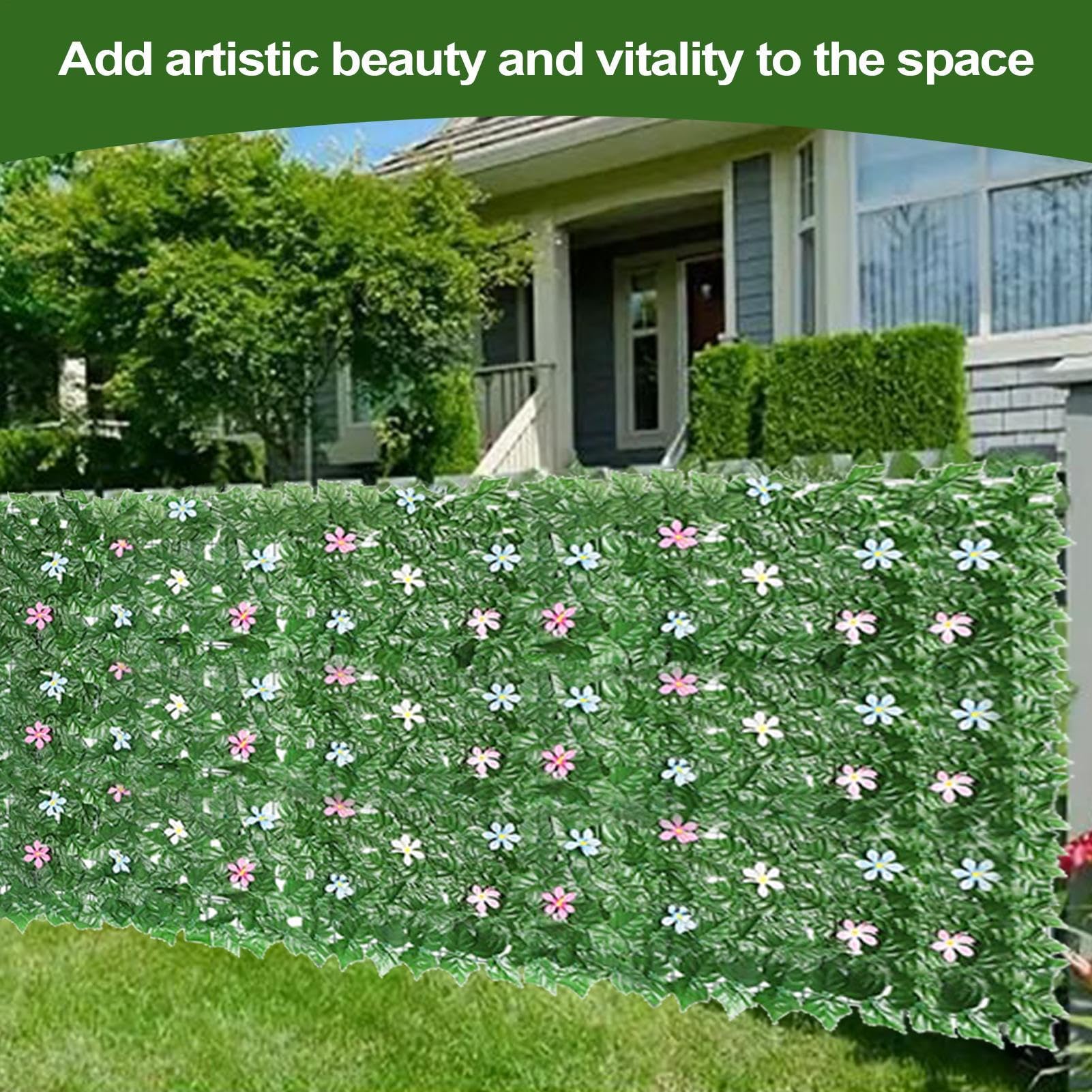 Rollo de seto decorativo de hojas de hiedra artificial verde con flores artificiales, 3 m x 1 m, valla de privacidad de hiedra artificial para pared, balcón, jardín, decoración de interior y exterior