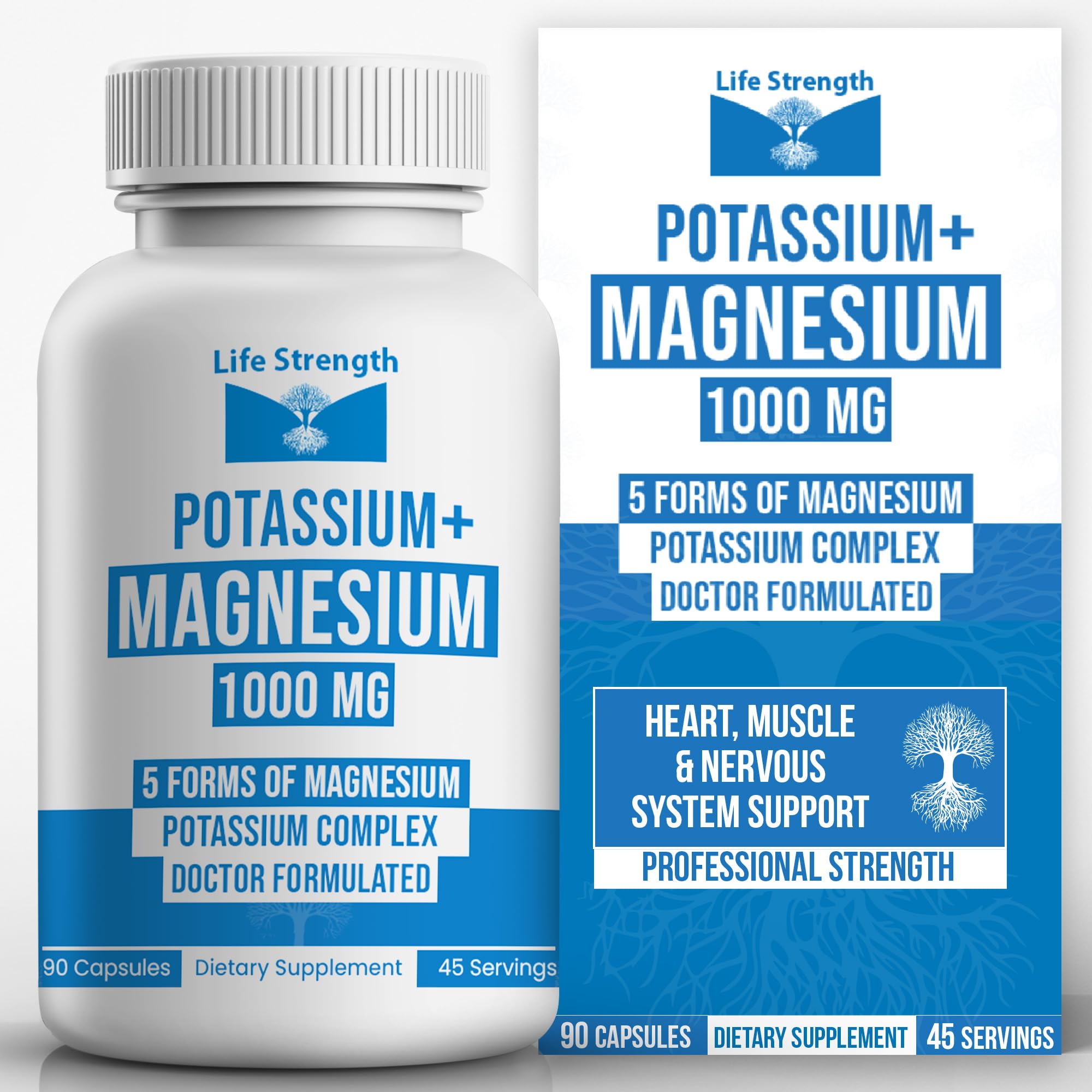 Life Strength Potassium Magnesium Supplement 1000mg (90 Caps) – Potassium Magnesium Complex with Aspartate, Glycinate, Oxide, Gluconate & Citrate – Muscle, Heart & Electrolyte Support - 45-Day Supply