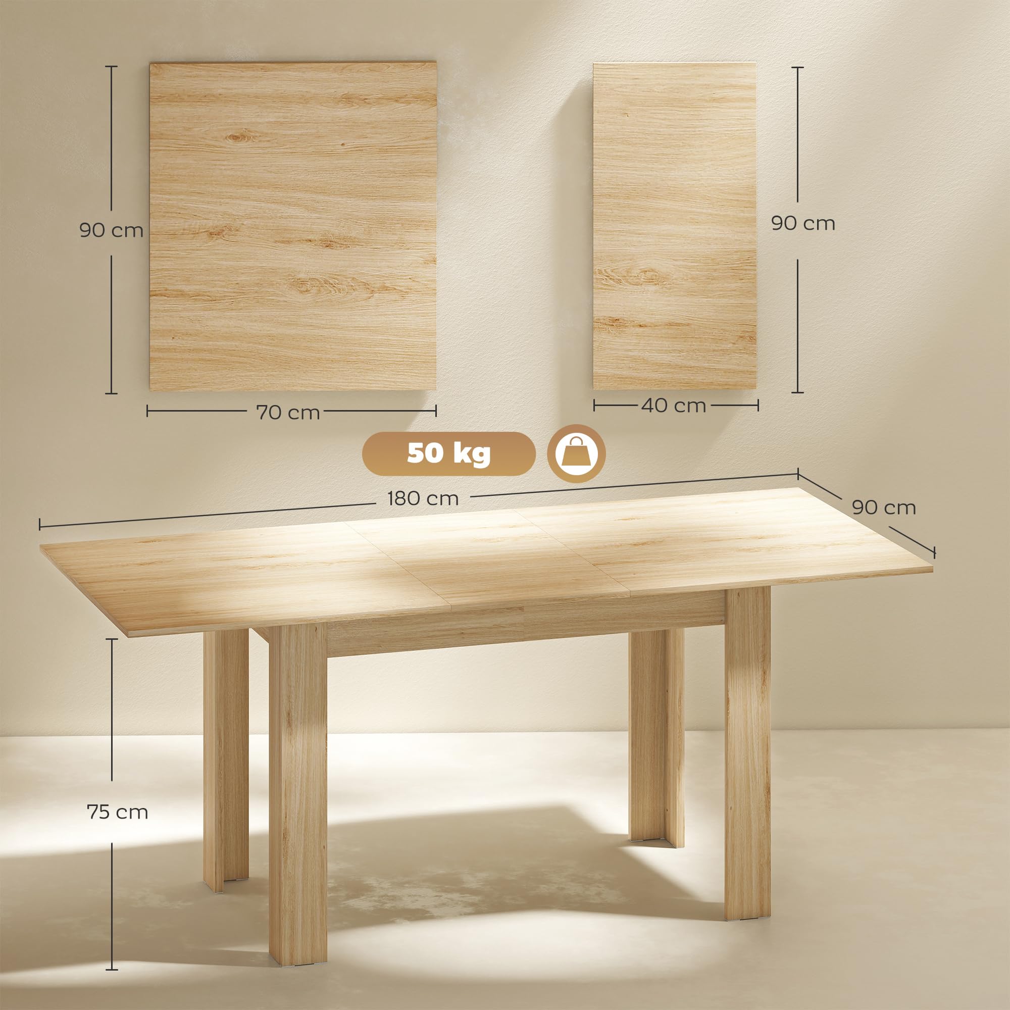 HOMCOM Mesa de Comedor Extensible 140-180x90x75 cm Madera Natural | de 140 a 180 cm, Mesa de Cocina Extensible Rectangular, para 6-8 Personas, para Salón