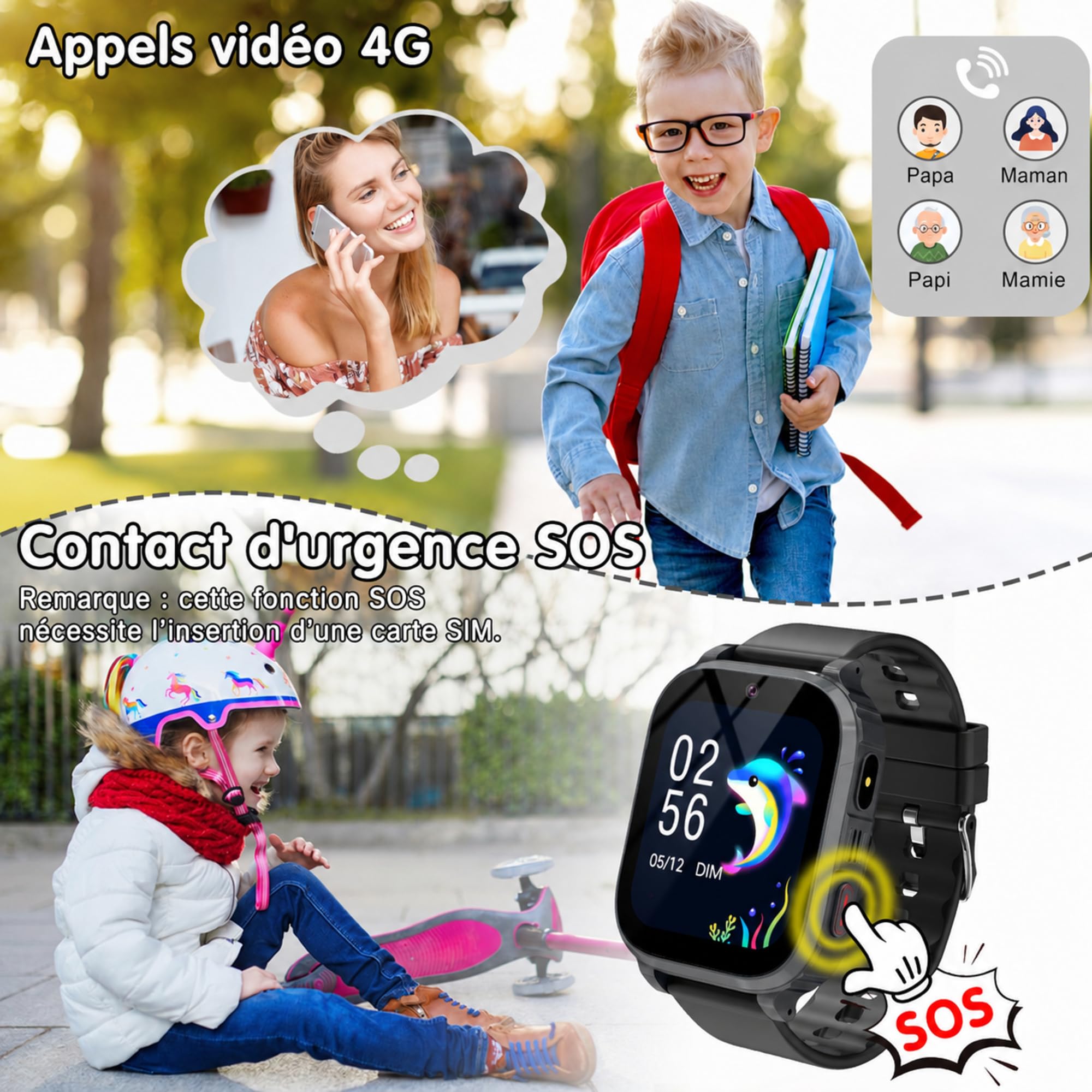 Montre Connectée Enfant 4G avec GPS et Appel Vidéo, Montre Téléphone Enfant avec SOS, Localisation en Temps Réel, Mode Classe, Appareil Photo, Jeux, Réveil, Étanche IP68, Cadeau Fille Garçon 4-15 Ans
